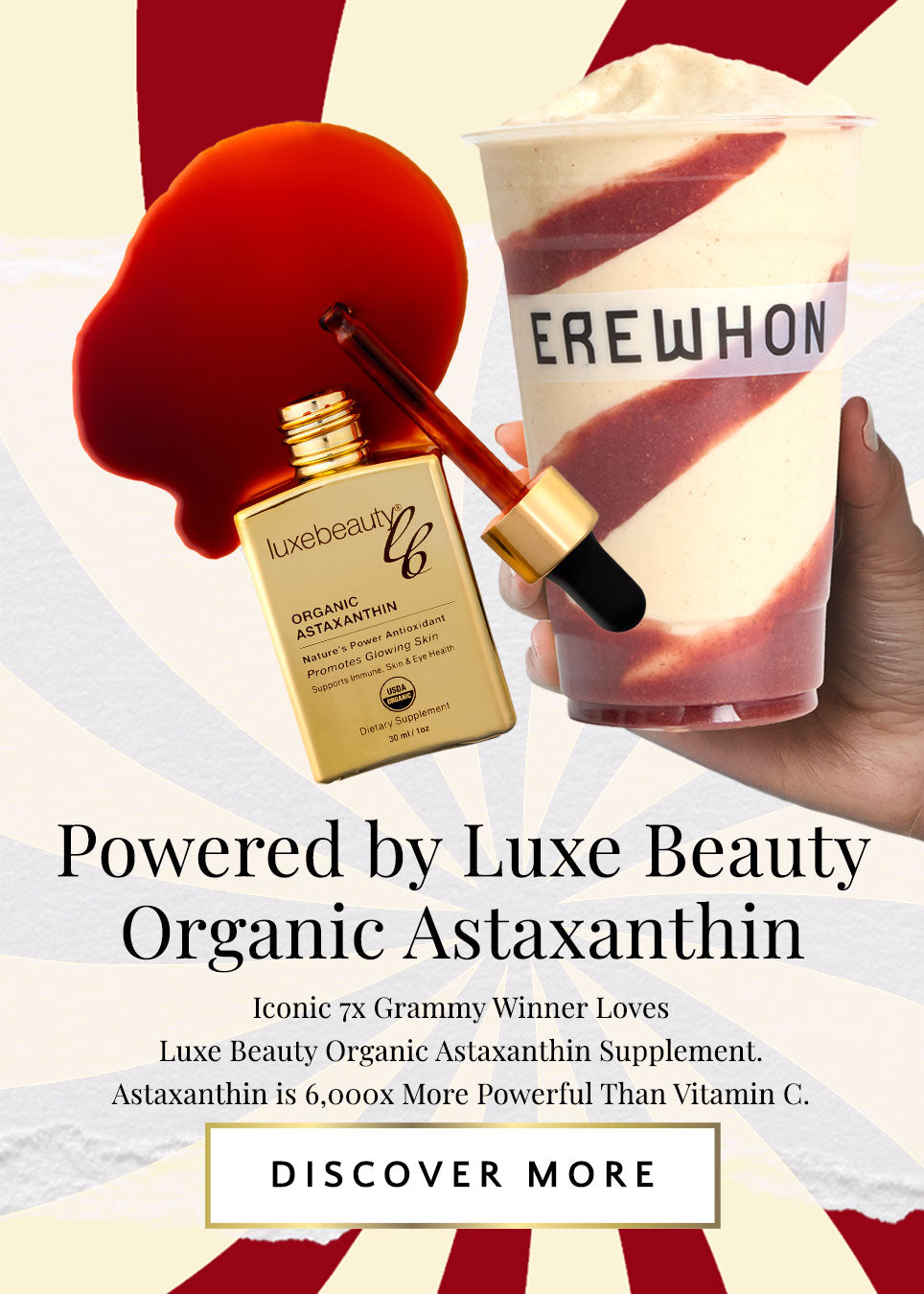 Christina Aguilera’s Favorite Things Smoothie at Erewhon, powered by Luxe Beauty organic astaxanthin supplement.