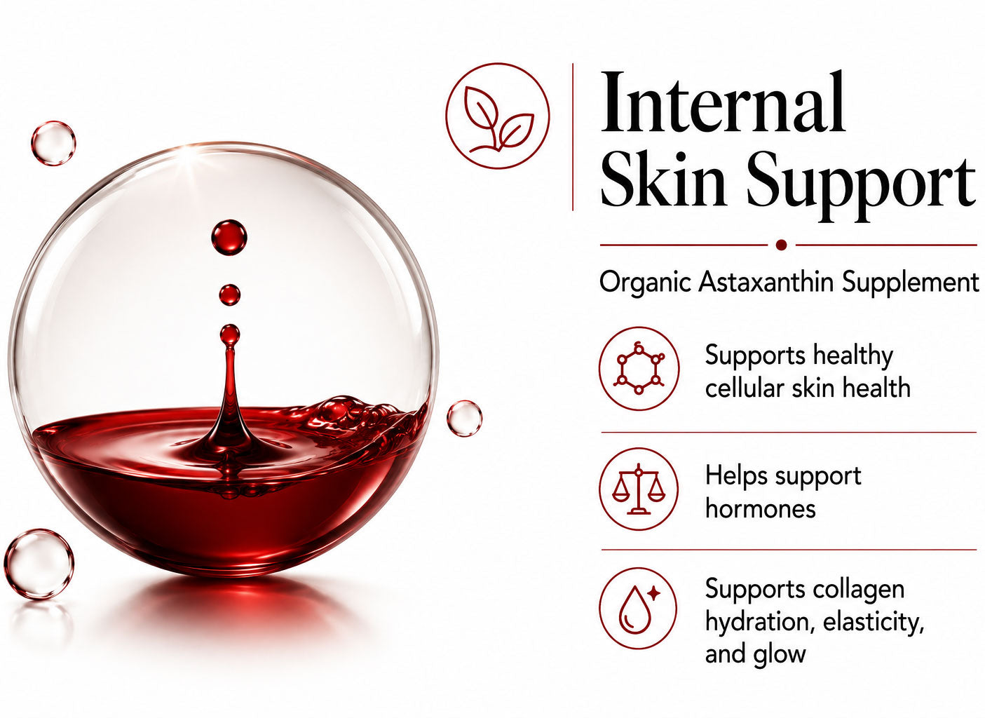 Supplement bottle with red liquid and text about internal skin support on a white background