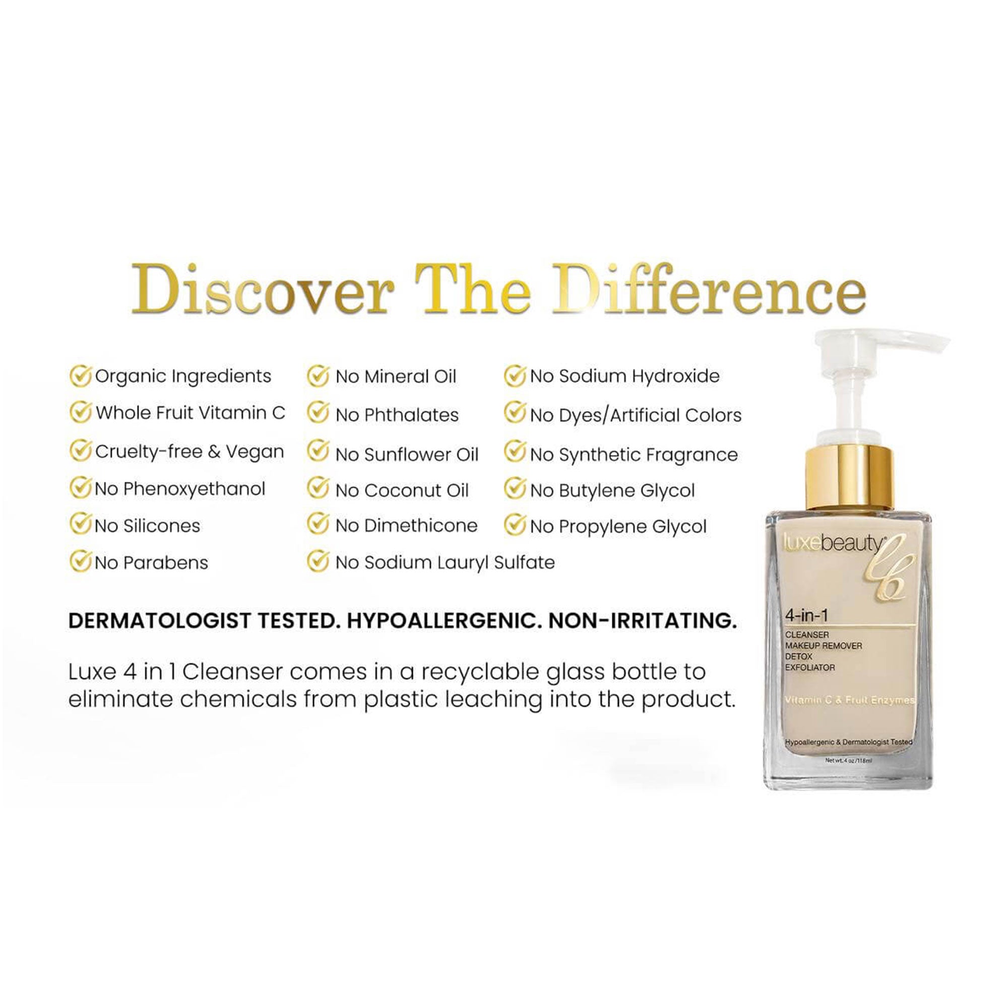 Luxe Beauty Ultimate 4-in-1 Vegan Skin Cleanser bottle with ingredient list on a white background