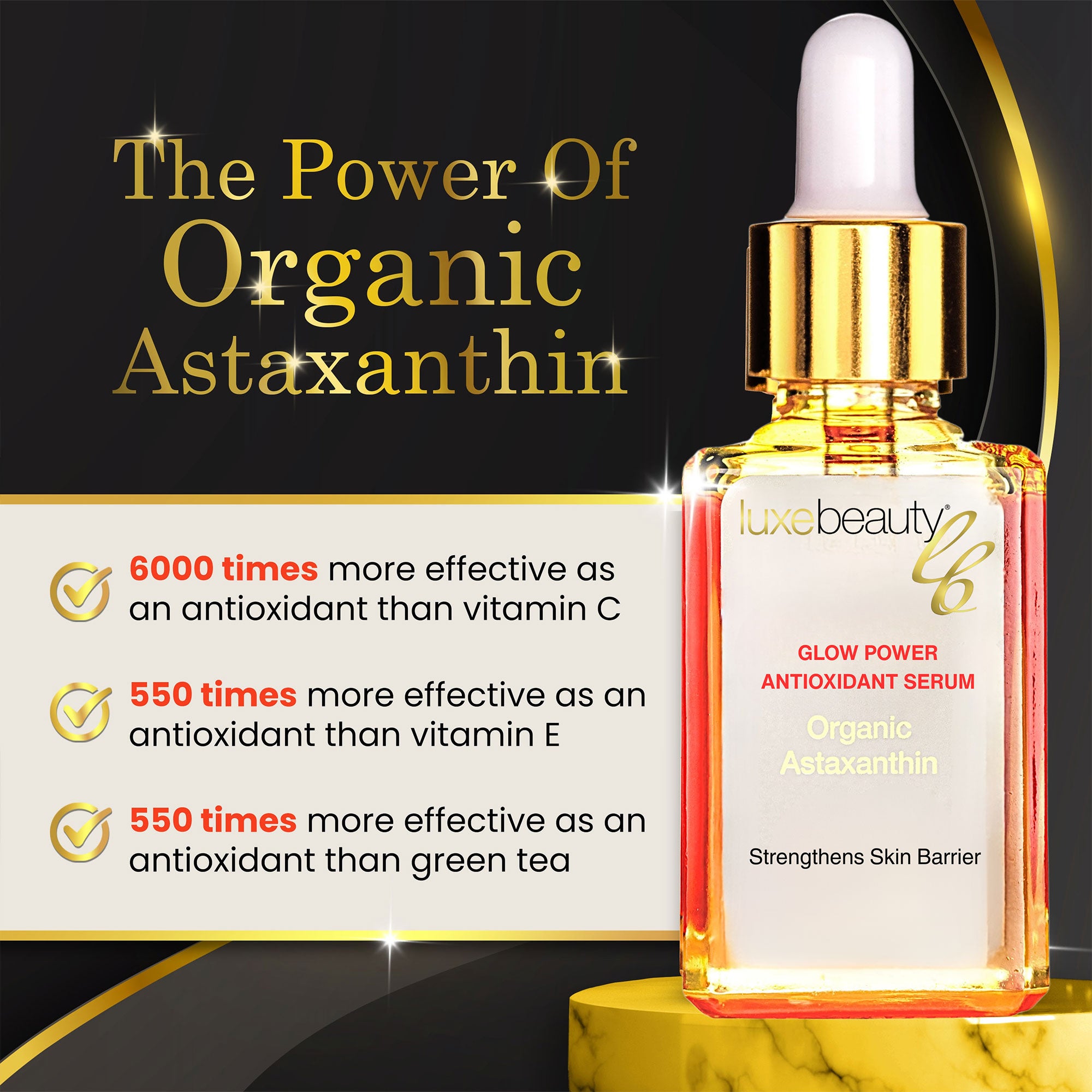 Luxe Beauty serum bottle with organic astaxanthin on a dark background