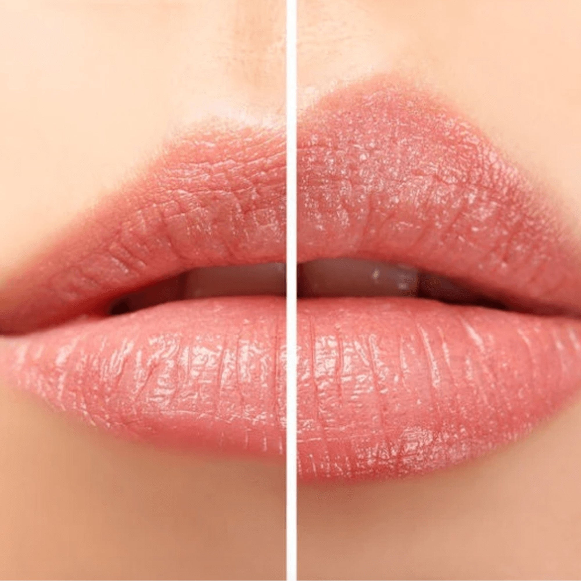 Close-up of lips with and without a lip balm on a neutral background