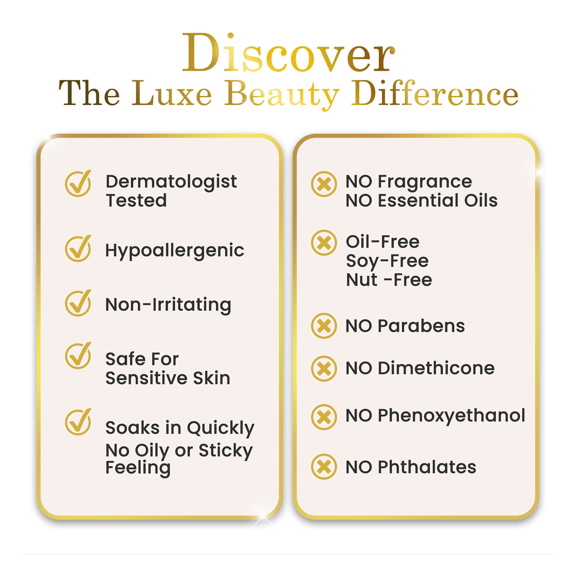 Luxe Beauty Anti-aging Serum product features and benefits listed on a white background with gold text.