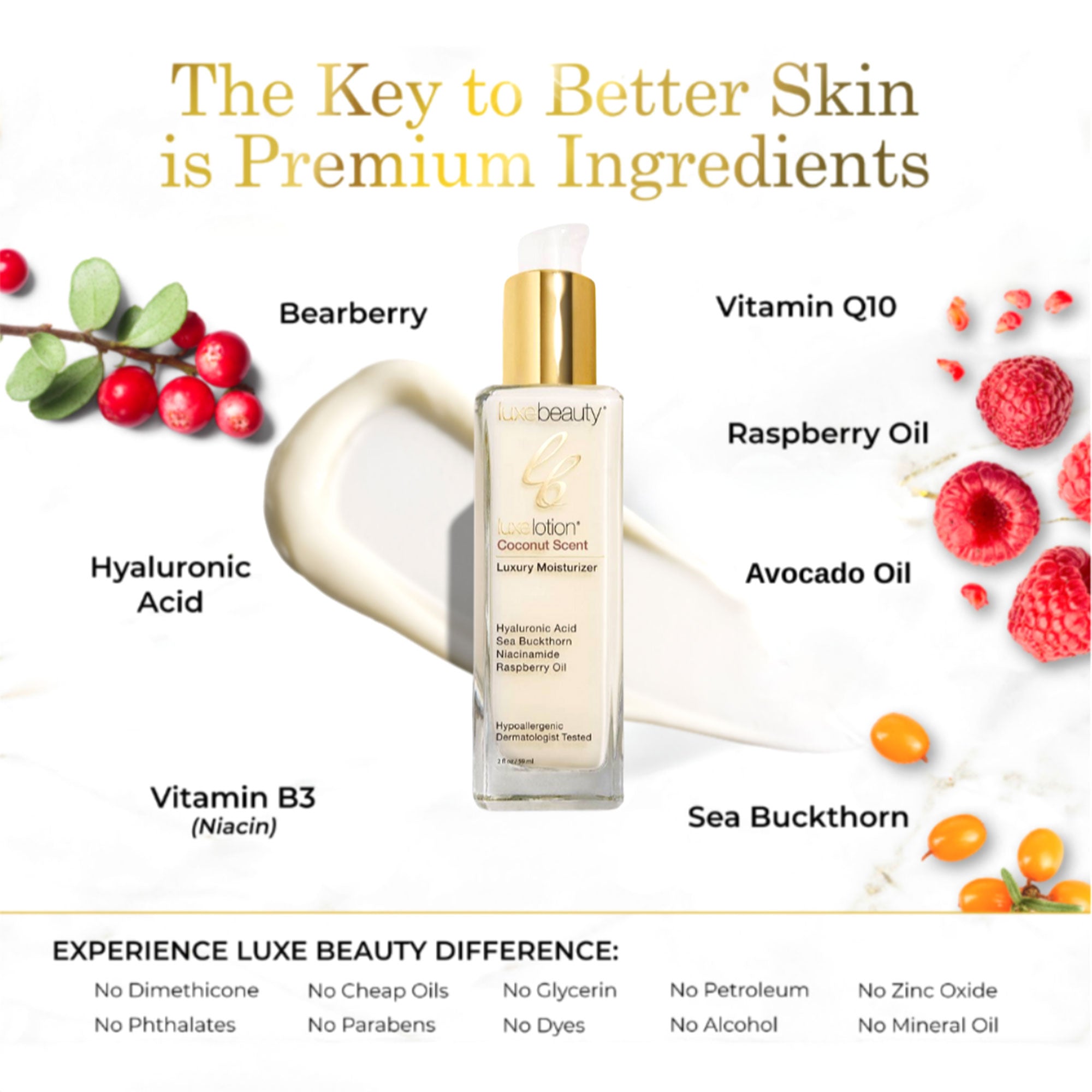 Luxe Beauty Face Moisturizer Coconut Scent bottle with skincare ingredients displayed on a white background