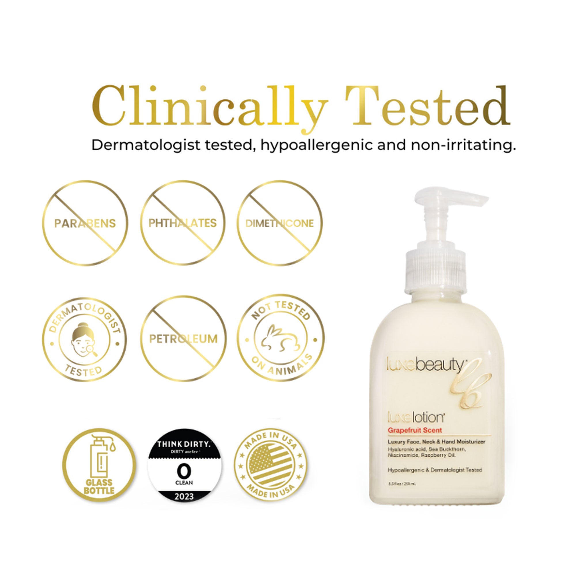 Luxe Beauty Face, Neck & Hand Moisturizer Grapefruit Scent bottle with clinical testing icons and &