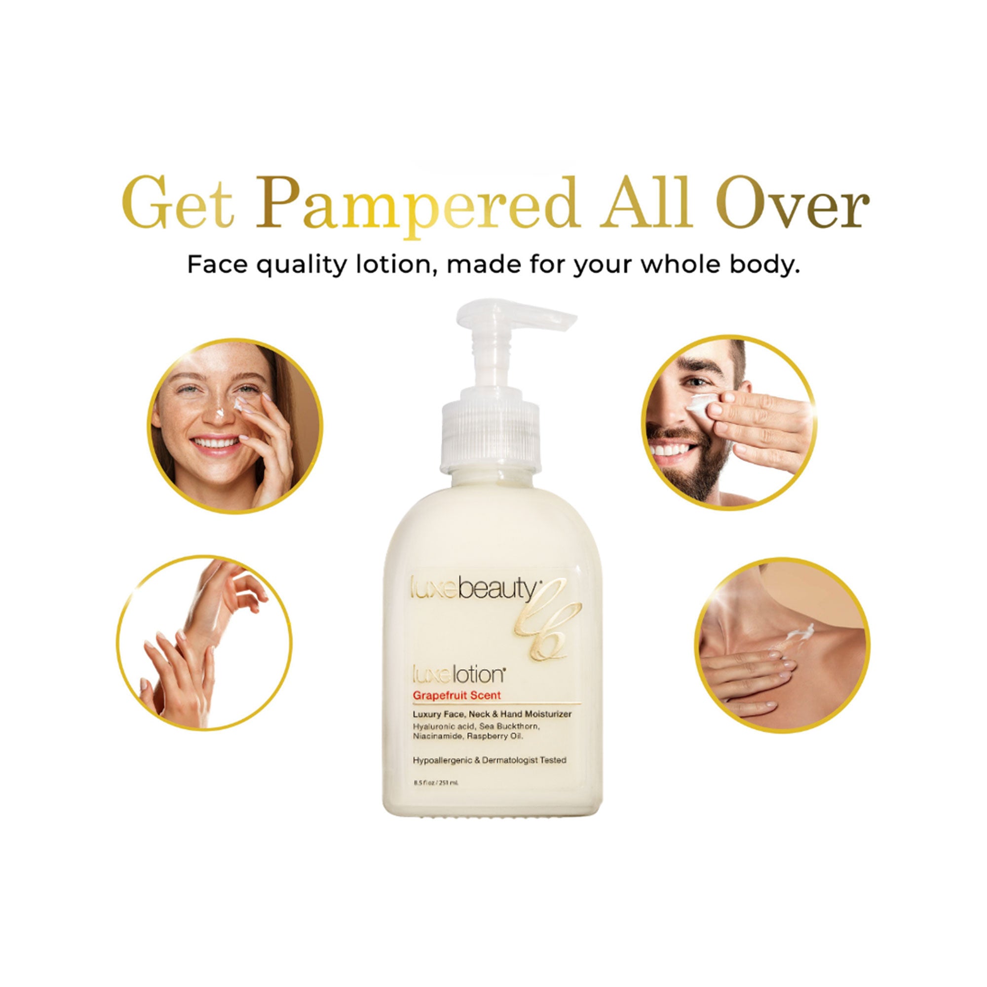 Luxe Beauty Face, Neck & Hand Moisturizer Grapefruit Scent bottle with &