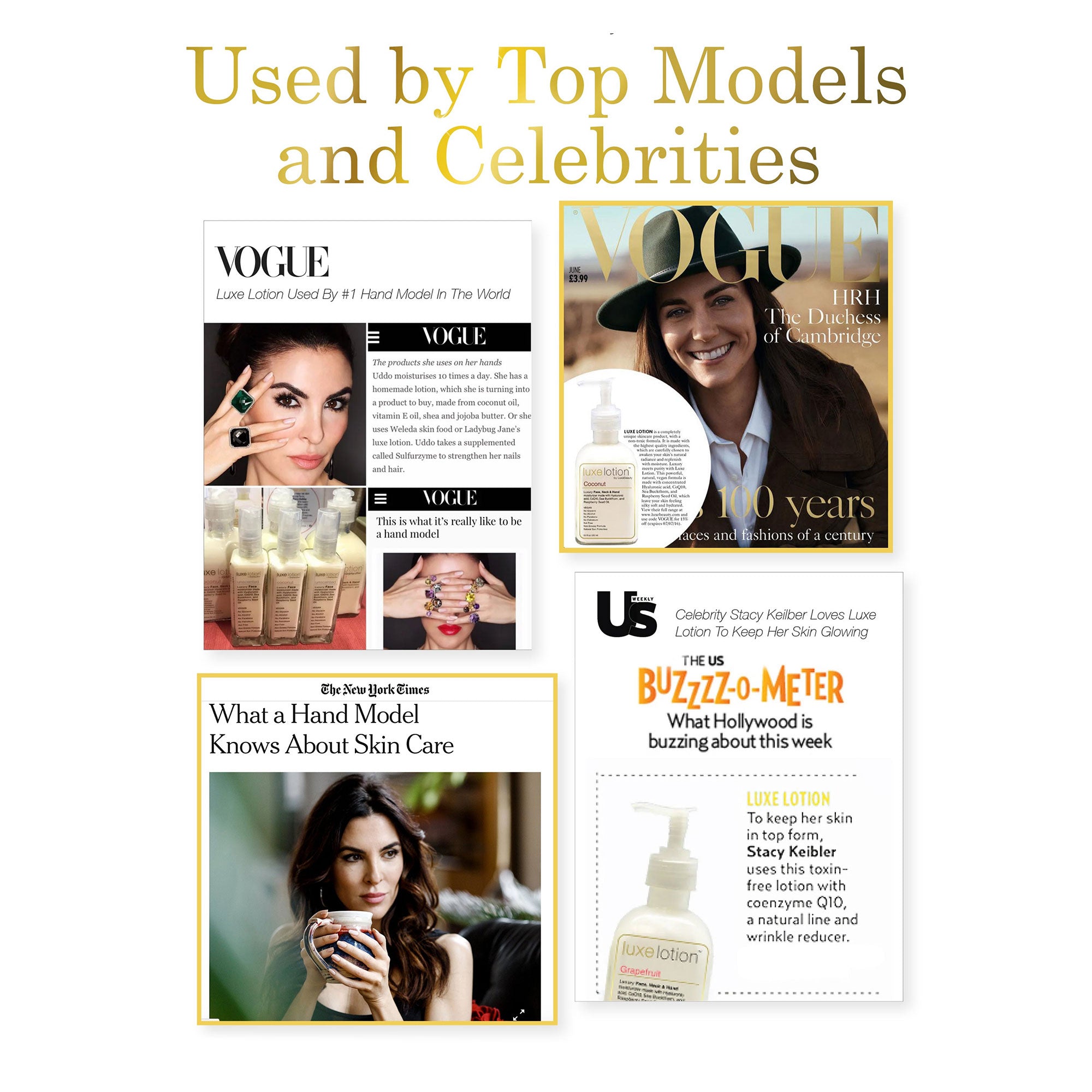 Collage of magazine covers featuring Luxe Beauty Face, Neck & Hand Moisturizer with text &
