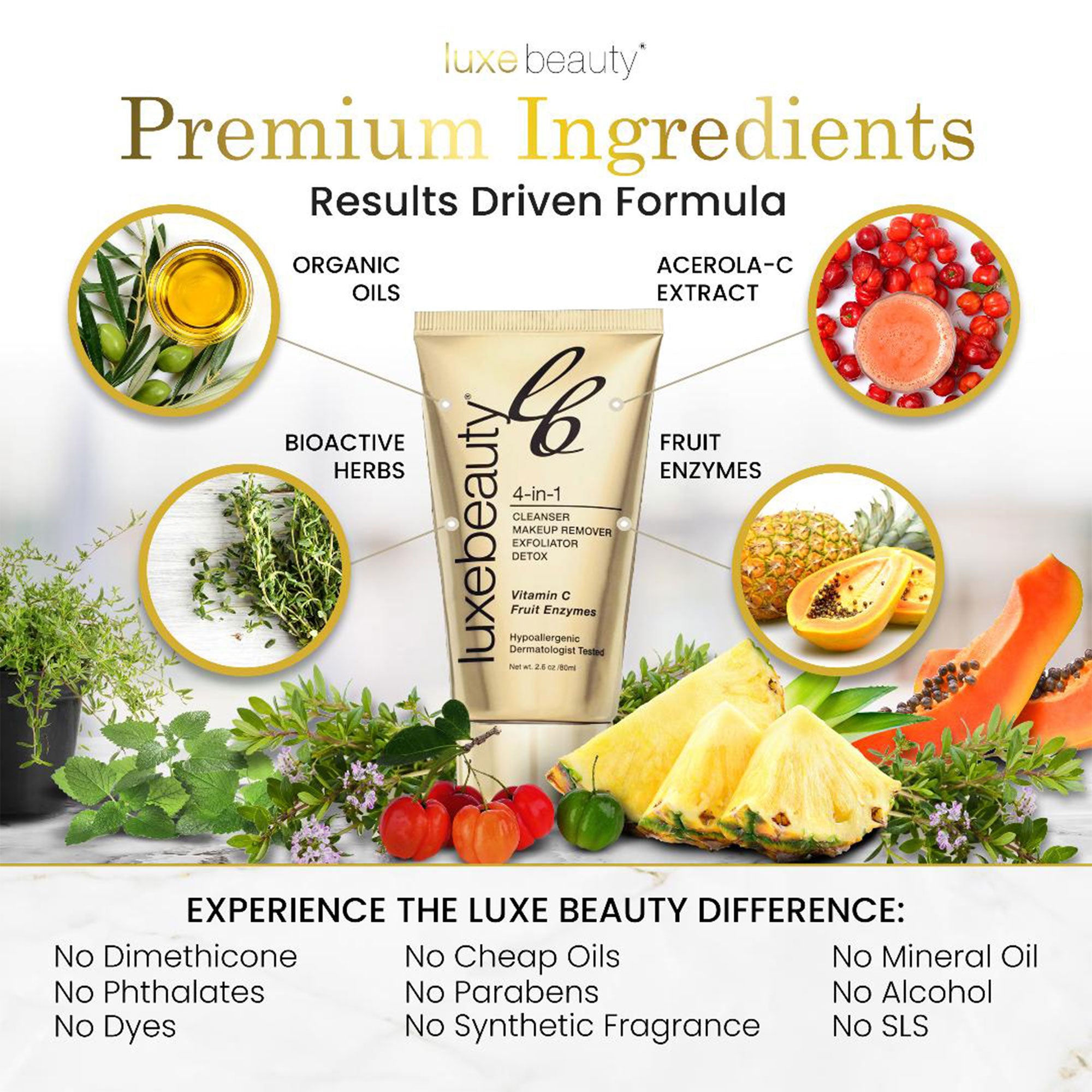 Luxe Beauty product with premium ingredients and health benefits on a white background