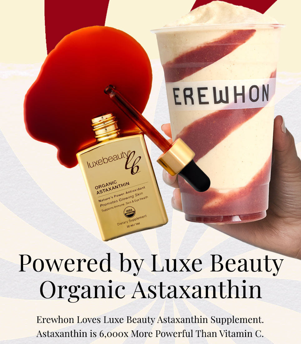 Erewhon product with Luxe Beauty Organic Astaxanthin supplement and a hand holding a drink.