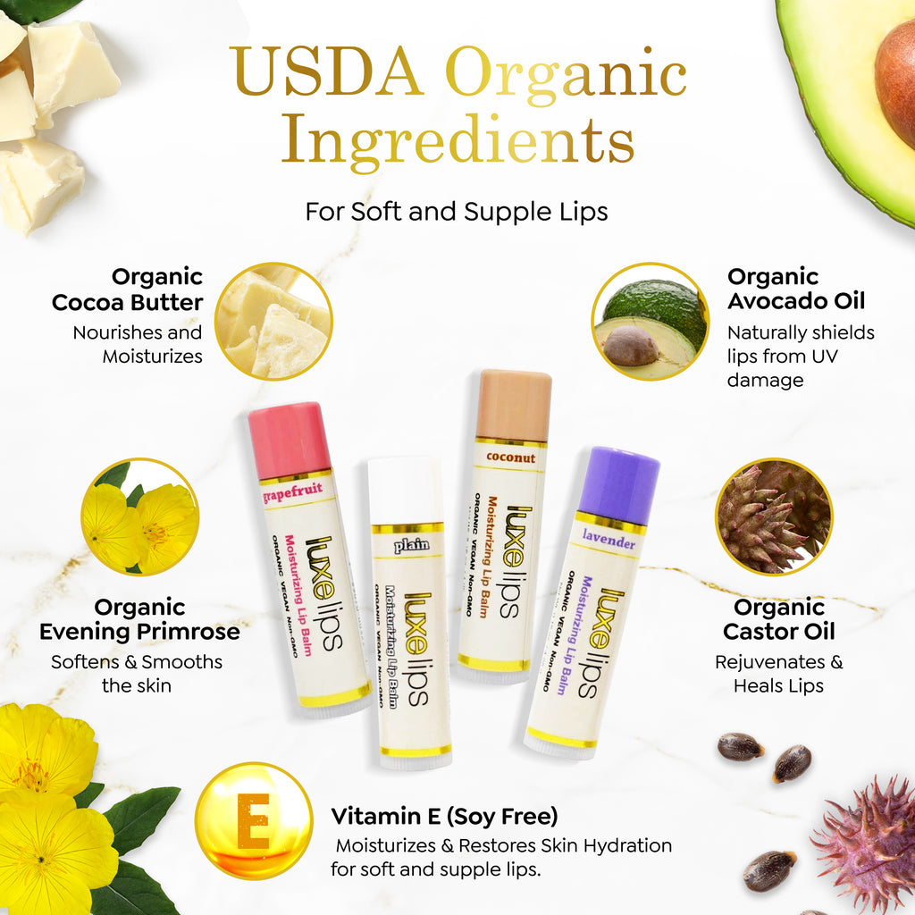 Luxe Lips 4 Pack - Grapefruit, Plain, Coconut & Lavender Scented