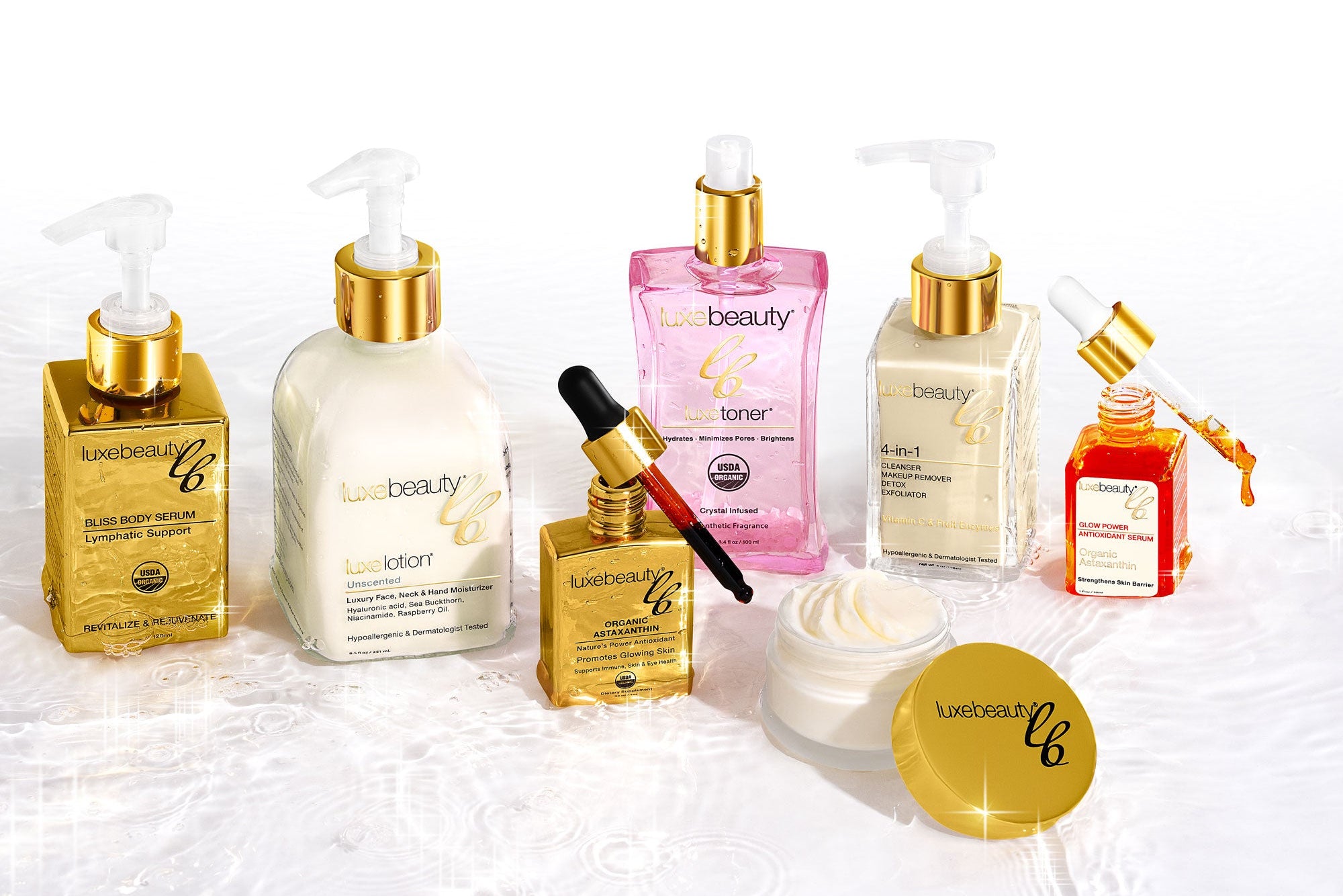 Collection of Luxe Beauty skincare products with visible brand logo on a white background