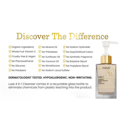 Luxe Beauty Ultimate 4-in-1 Vegan Skin Cleanser bottle with ingredient list on a white background
