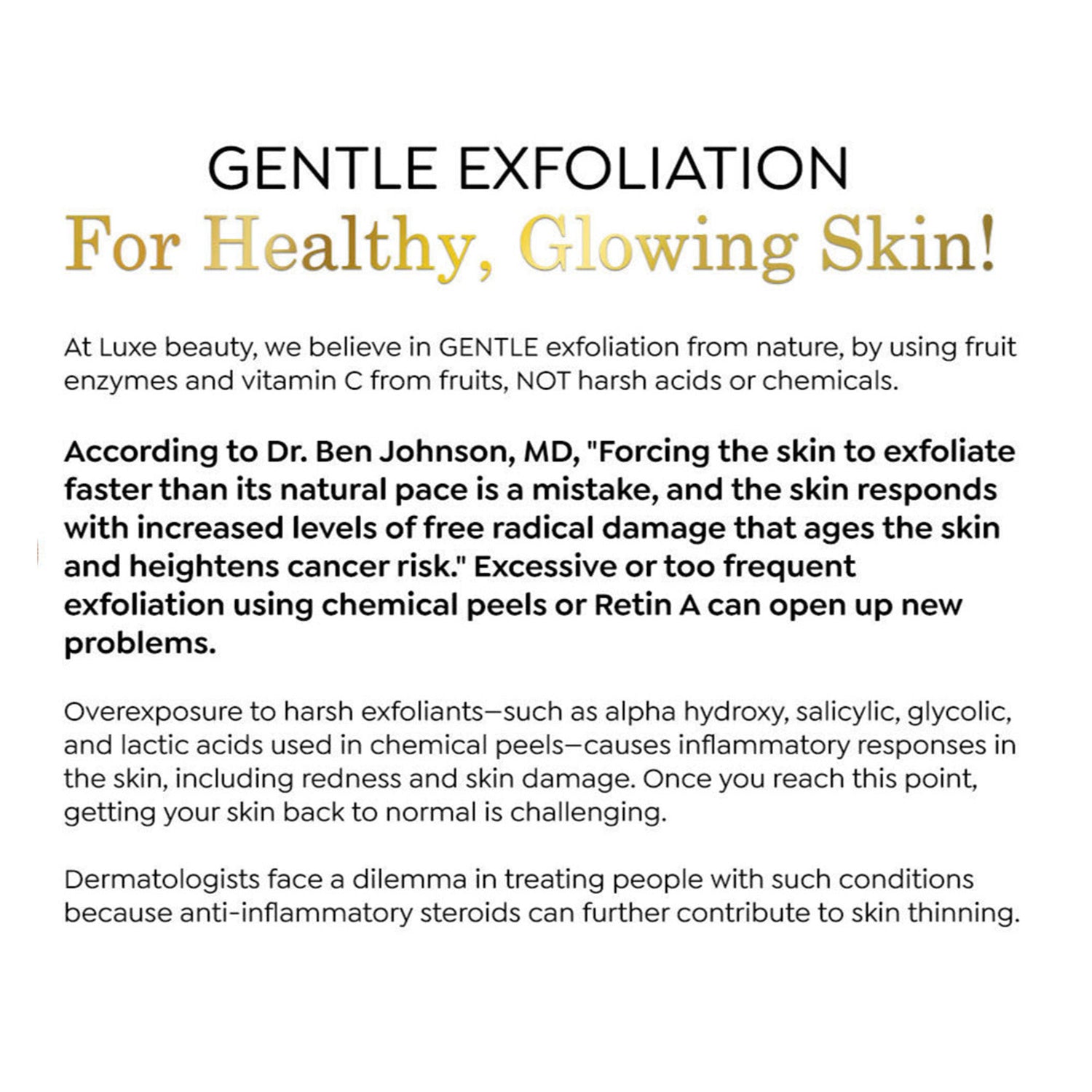 Text about gentle exfoliation for healthy skin on a white background