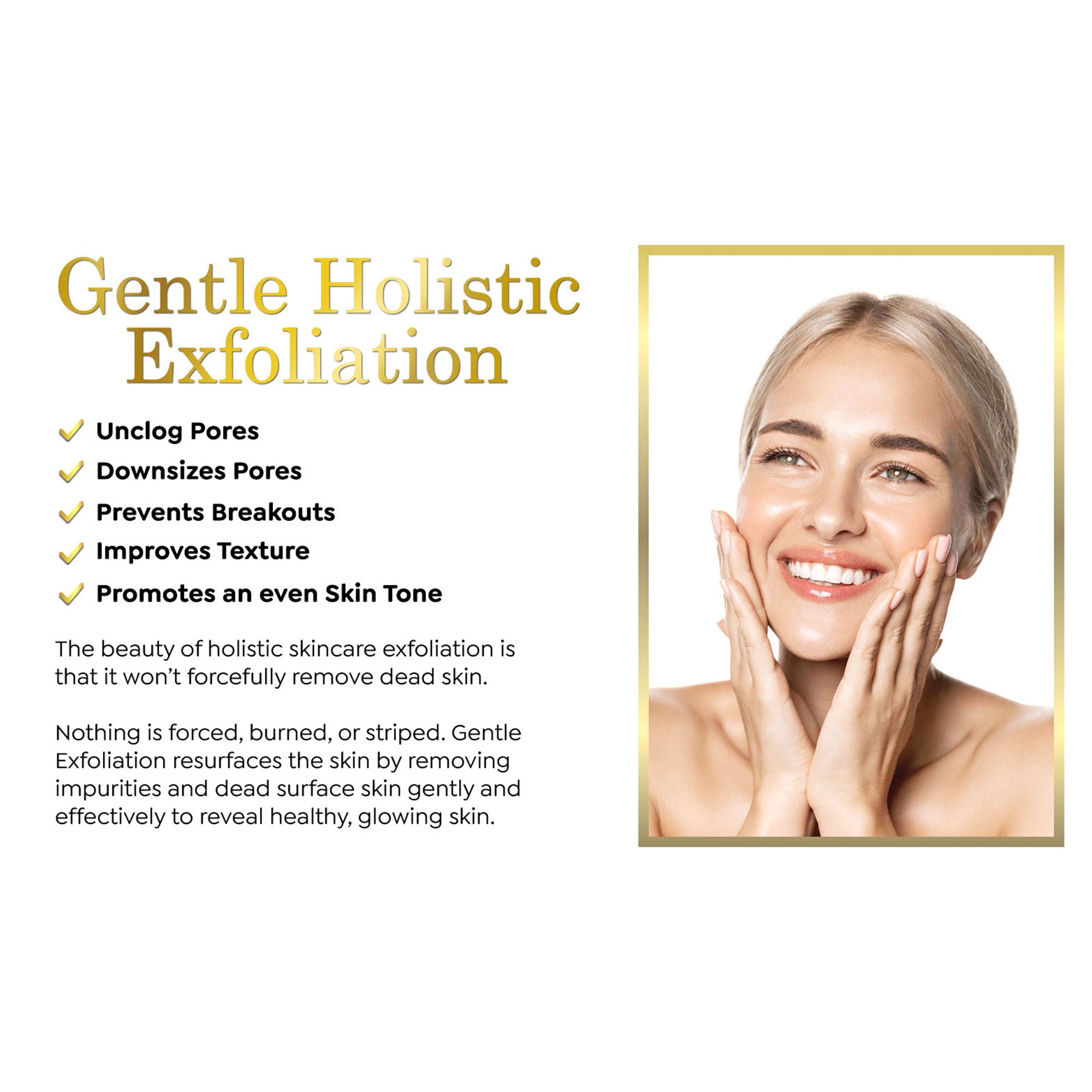 Luxe Beauty Ultimate 4-in-1 Vegan Skin Cleanser for gentle holistic exfoliation with a woman touching her face on a white background.