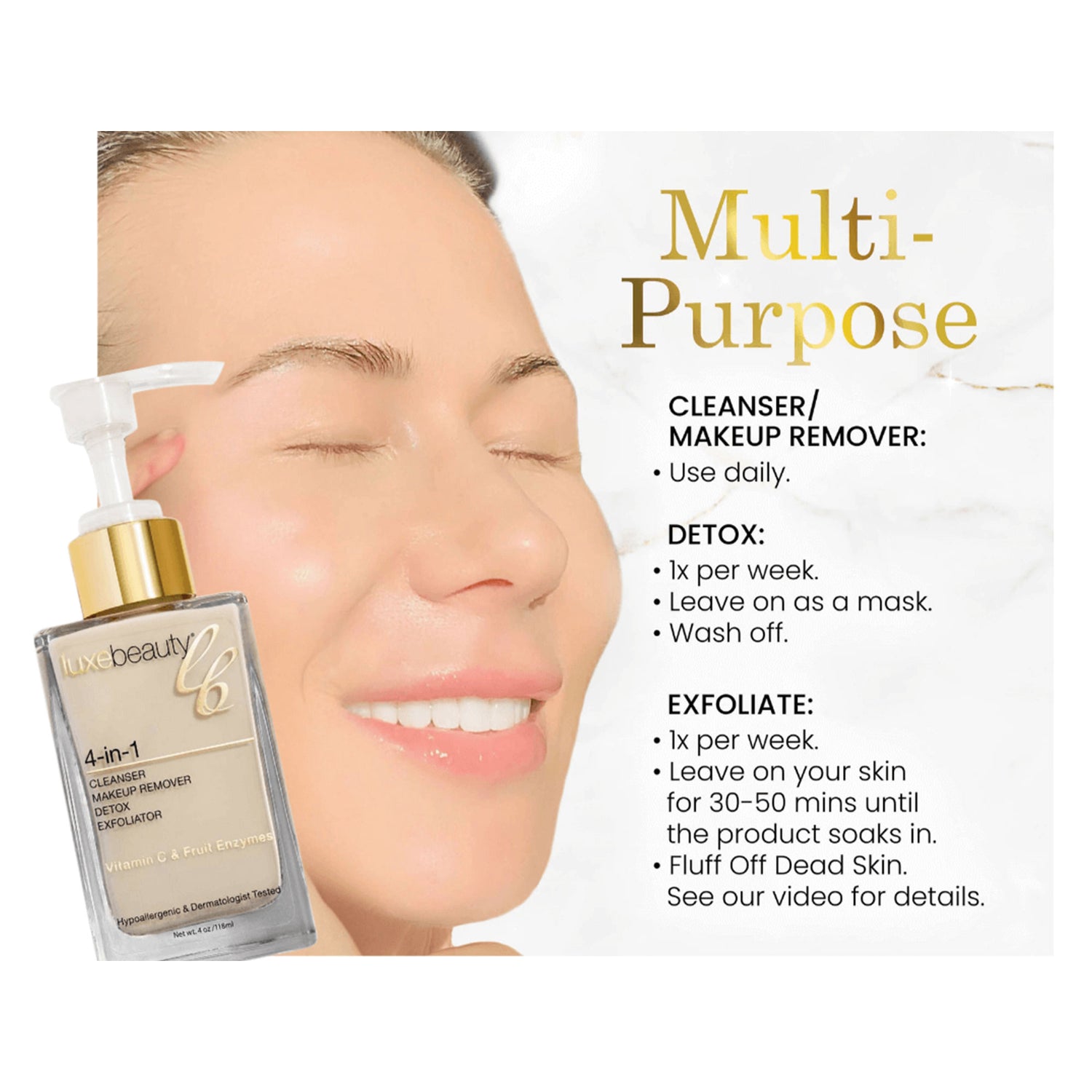 Luxe Beauty Ultimate 4-in-1 Vegan Skin Cleanser with usage instructions on a white background