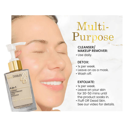 Luxe Beauty Ultimate 4-in-1 Vegan Skin Cleanser with usage instructions on a white background