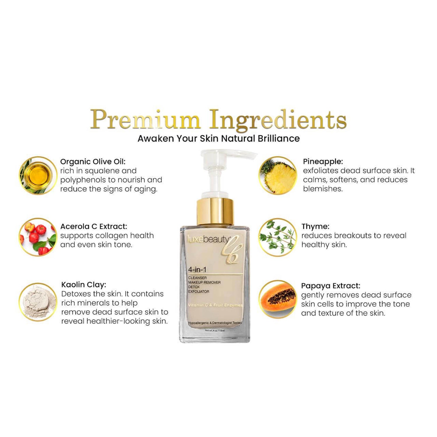 Luxe Beauty Ultimate 4-in-1 Vegan Skin Cleanser Skincare product with listed premium ingredients on a white background