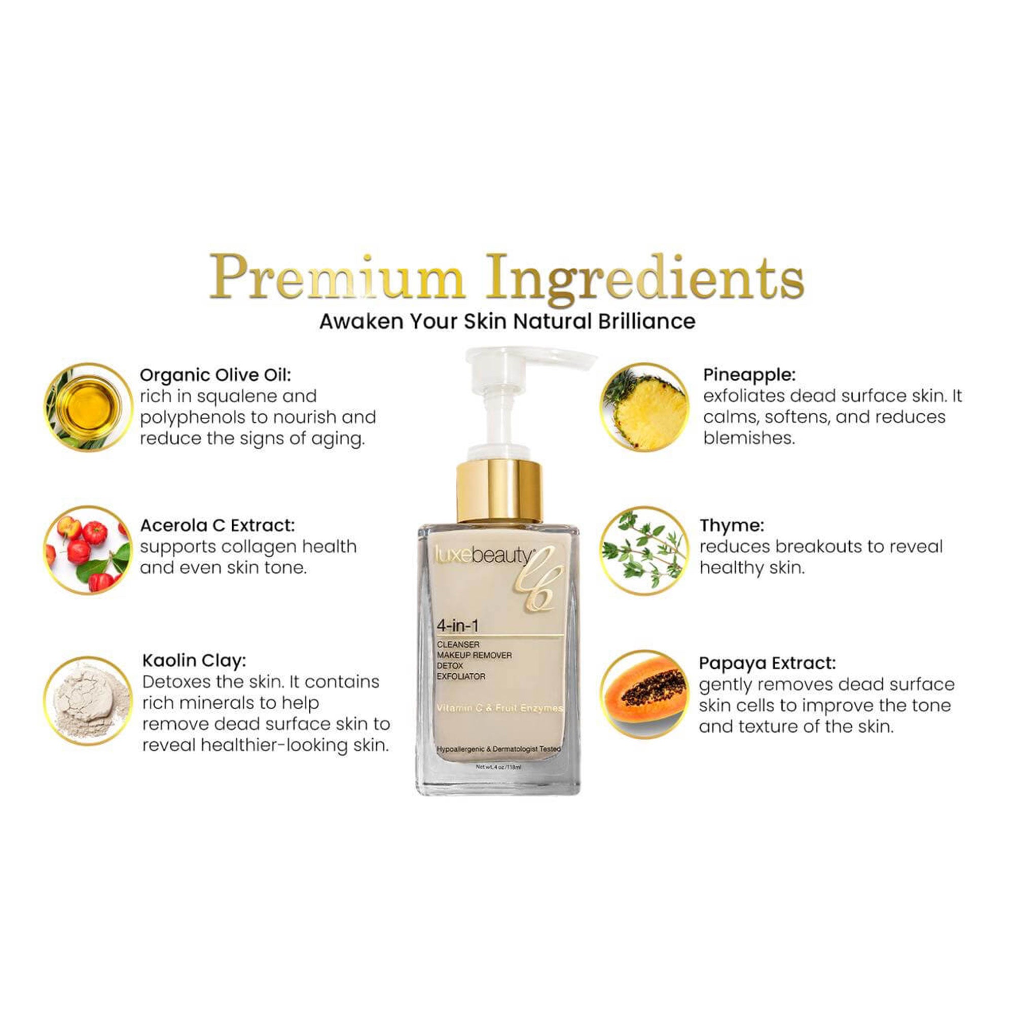 Luxe Beauty Ultimate 4-in-1 Vegan Skin Cleanser Skincare product with listed premium ingredients on a white background