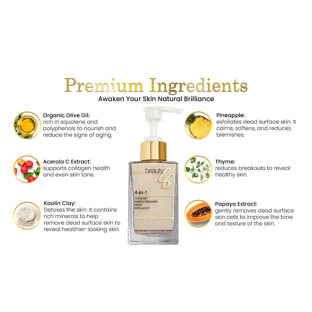 Luxe Beauty Ultimate 4-in-1 Vegan Skin Cleanser Skincare product with listed premium ingredients on a white background