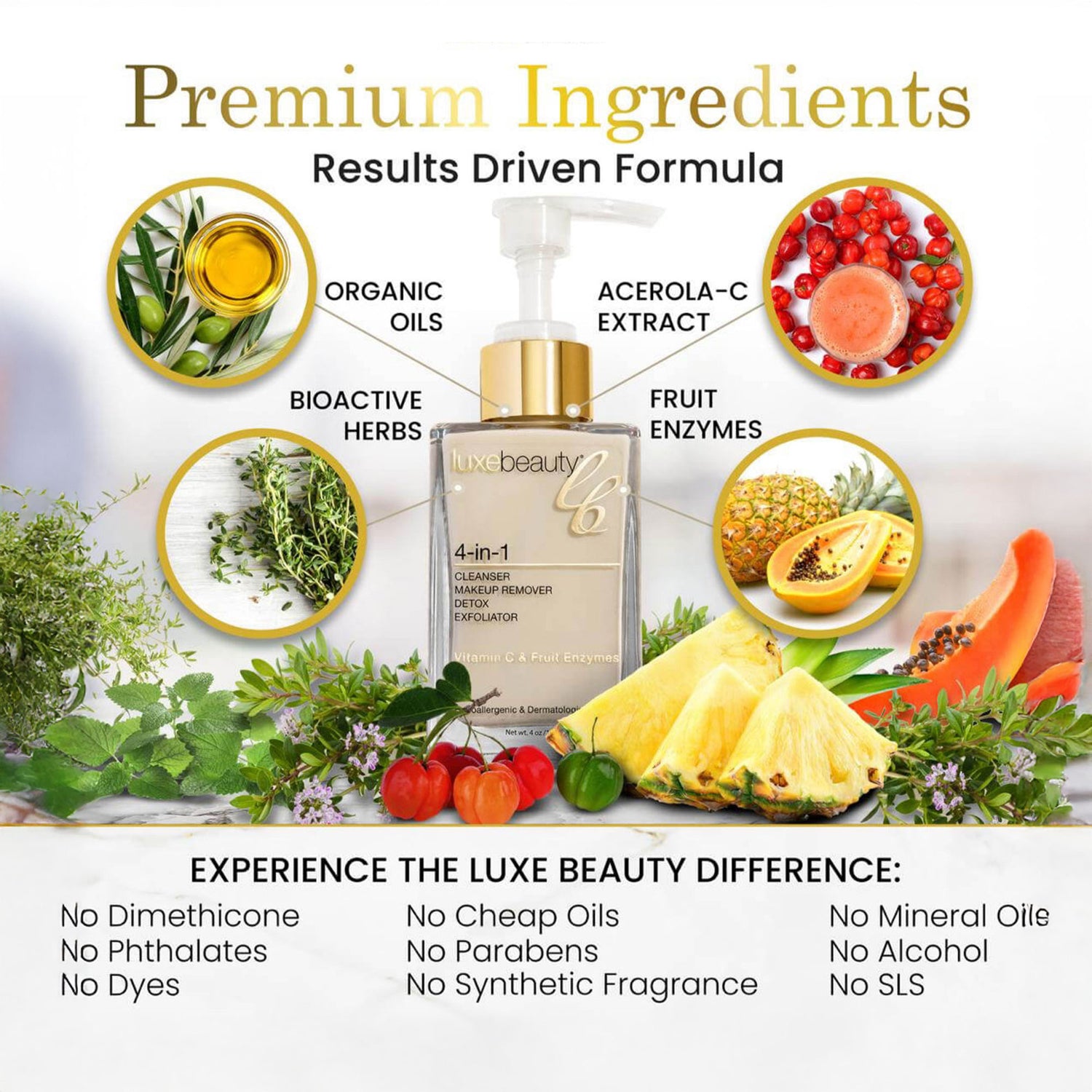Luxe Beauty Ultimate 4-in-1 Vegan Skin Cleanser with premium ingredients and health benefits displayed.