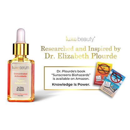 Luxe beauty serum bottle with Dr. Elizabeth Plourde books on a white background