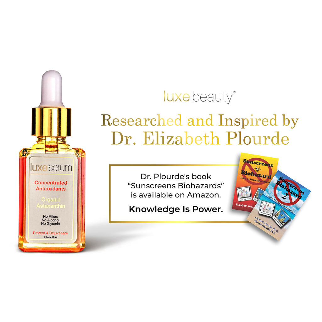 Luxe beauty serum bottle with Dr. Elizabeth Plourde books on a white background