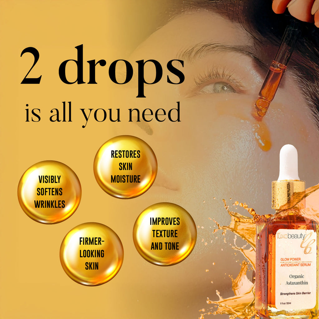 Advertisement for Luxe Beauty skincare serum with text '2 drops is all you need' and images of a dropper and bottle.