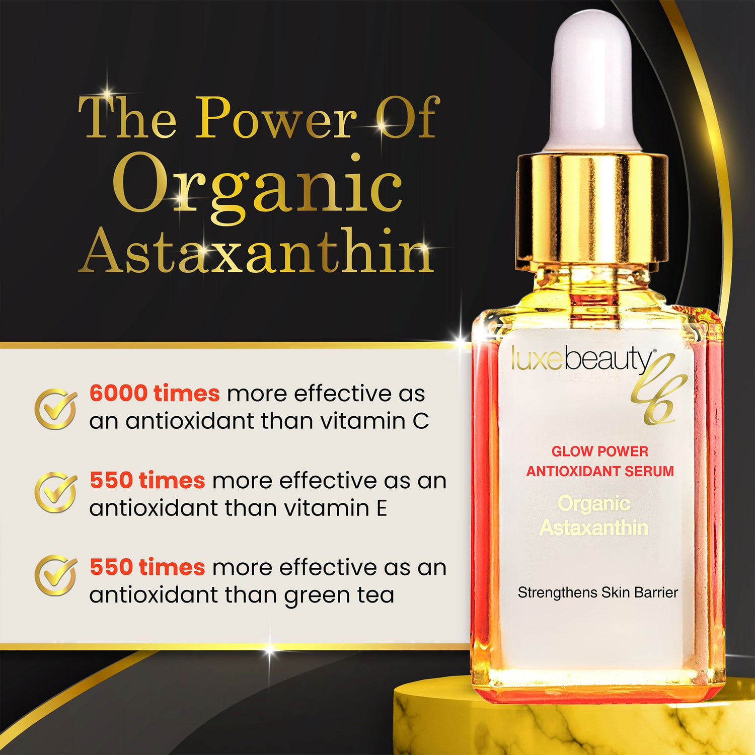 Luxe Beauty serum bottle with organic astaxanthin on a dark background