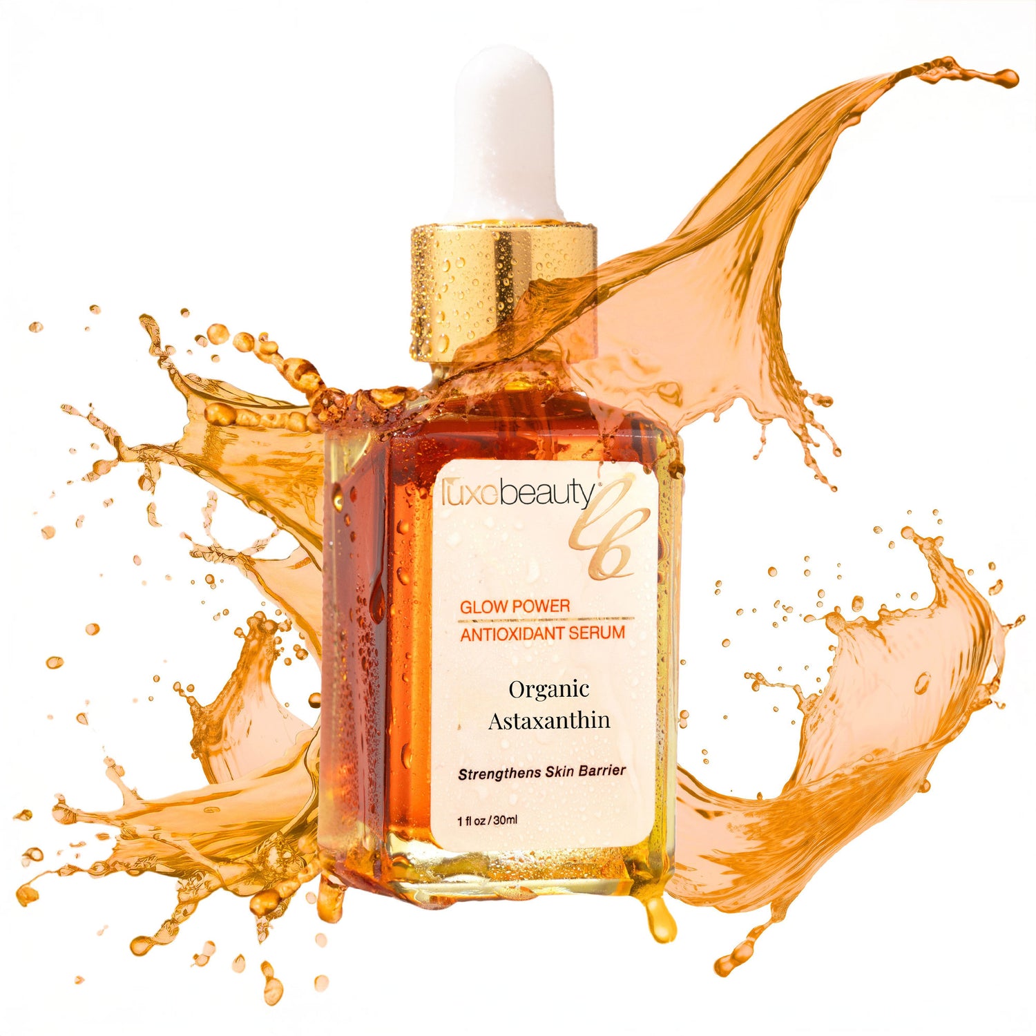 Luxe Beauty Organic Astaxanthin Serum bottle with splashes of liquid on a white background