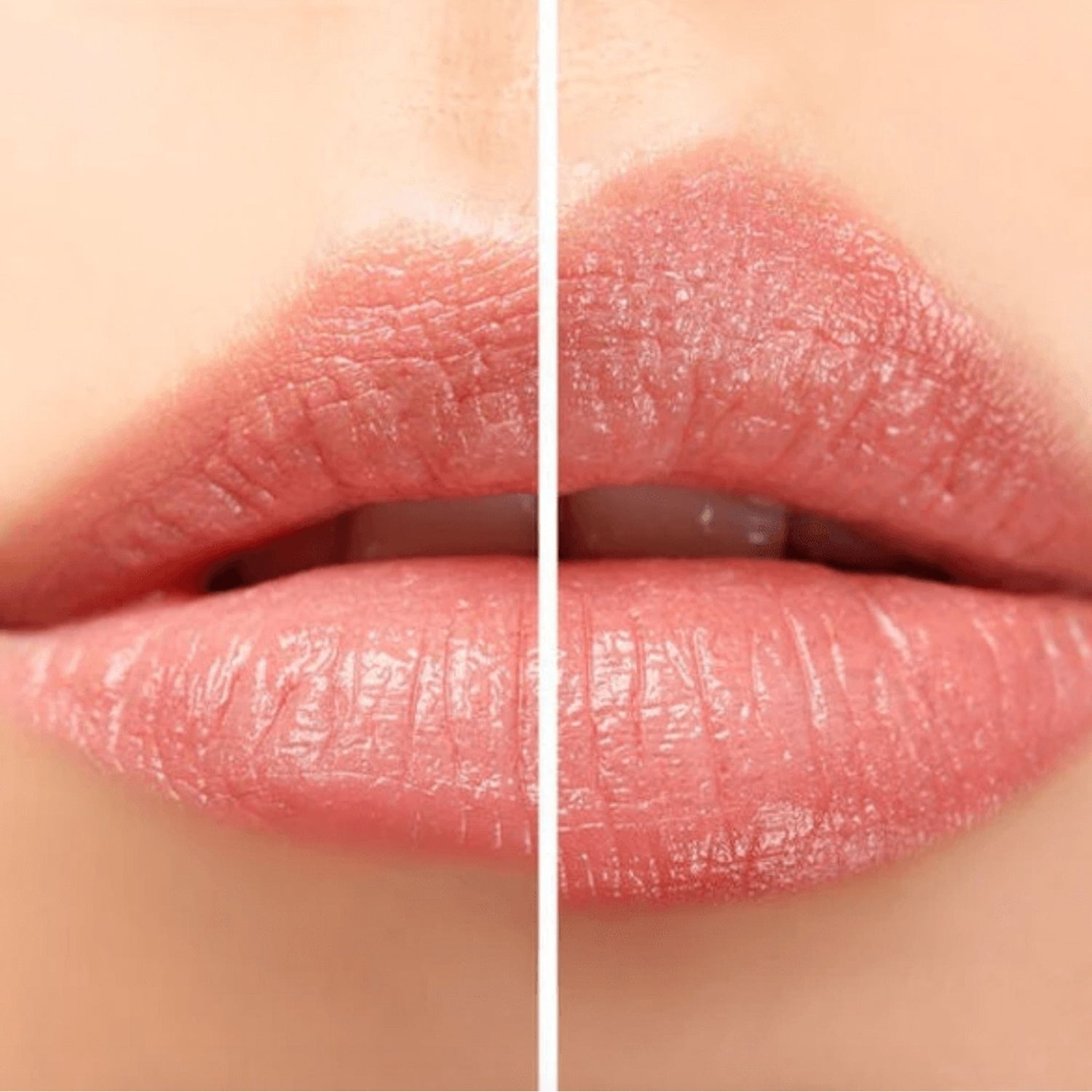 Close-up of lips with and without a lip balm on a neutral background