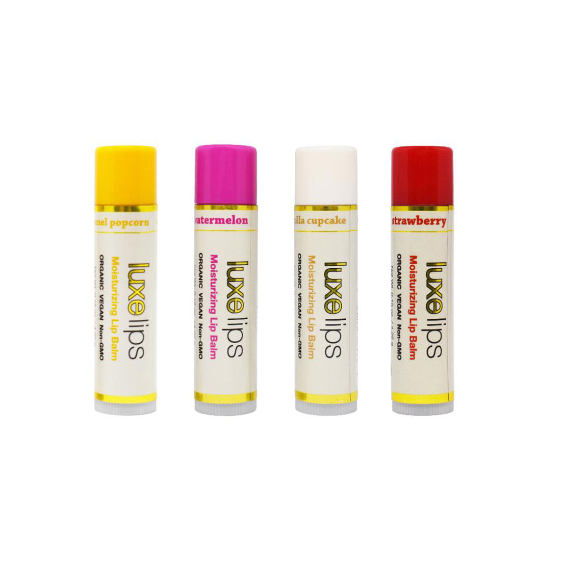 Four Luxe Lips balms in Caramel Popcorn, Watermelon, Vanilla &amp; Strawberry flavors on a white background