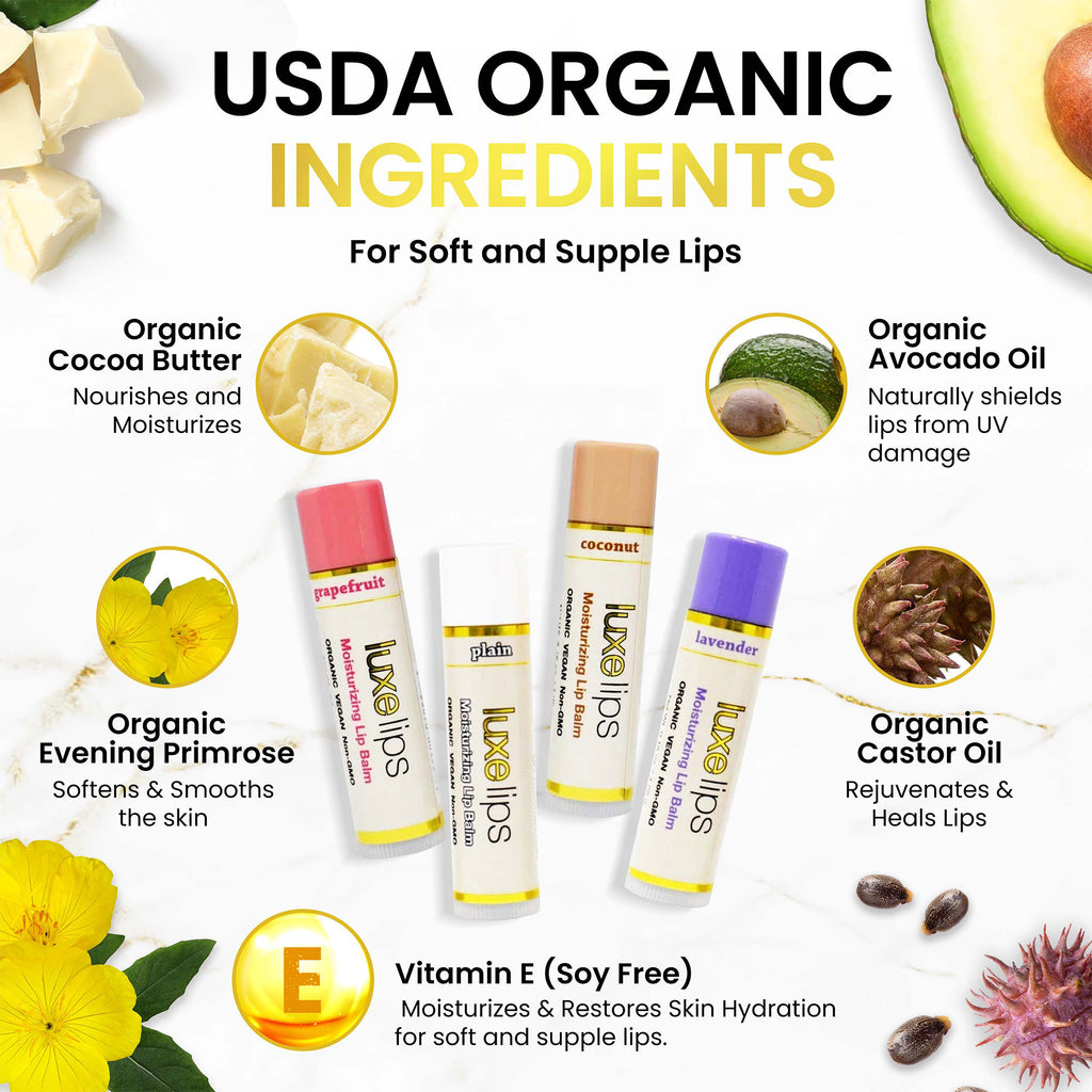 Luxe Lips lip balm products with USDA Organic ingredients on a white background