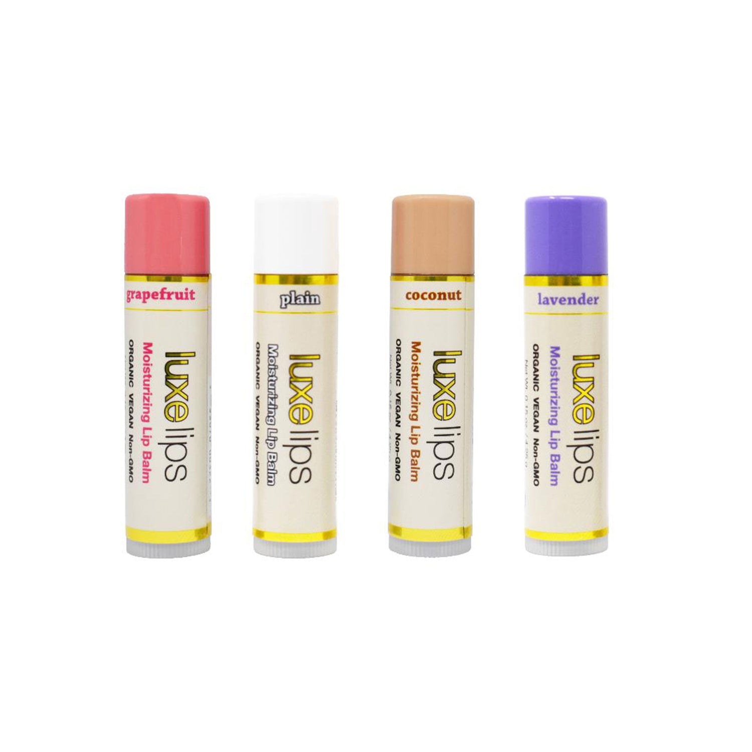 Four lip balms from Luxe Lips with different colors and flavors on a white background