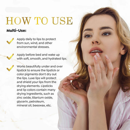Luxe beauty advertisement with a woman applying Luxe Lips balm and text on how to use it.