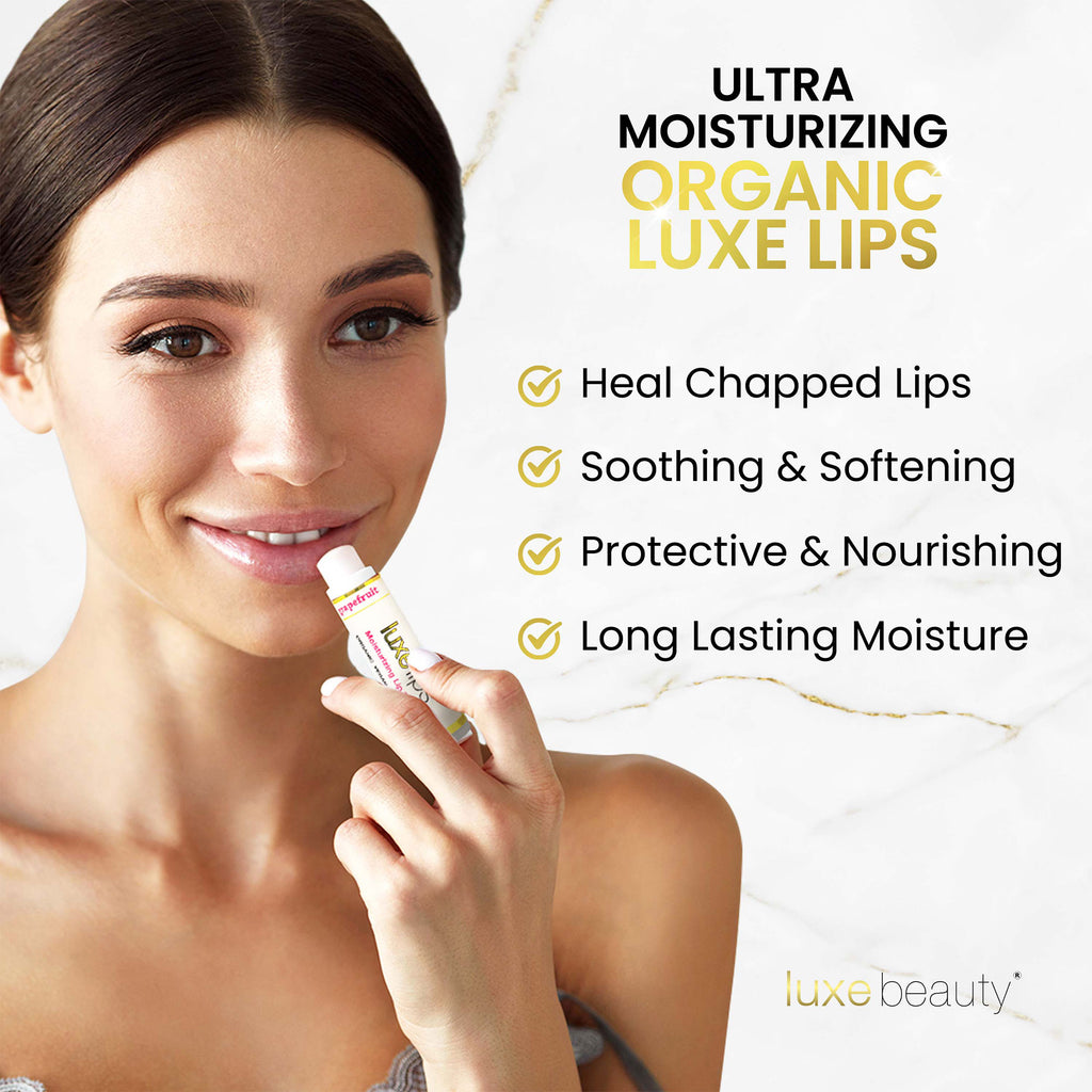 Woman holding a Luxe Lips lip balm with text about ultra moisturizing organic luxe lips on a white background.