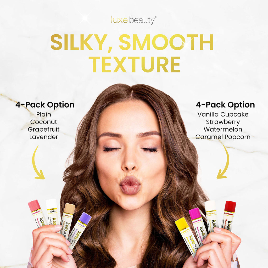 Woman with long brown hair holding Luxe Lips lip balm tubes with text about texture and flavor options.