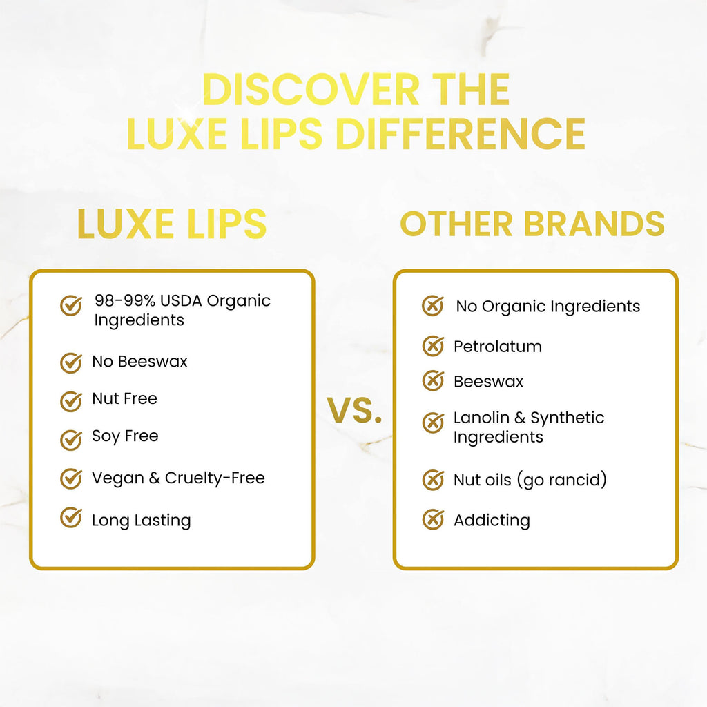 Comparison chart between Luxe Lips and other brands on a white background