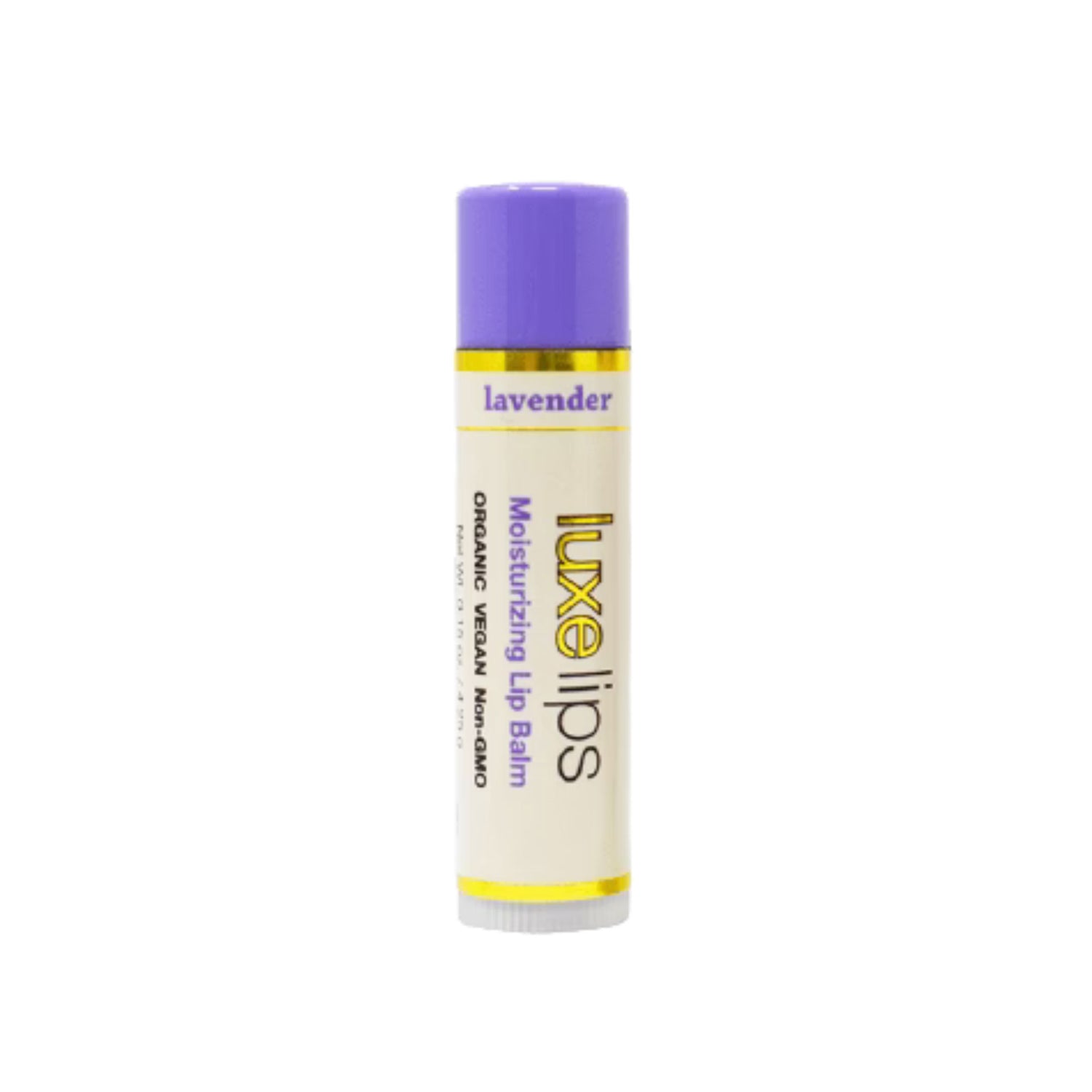 Lavender Luxe Lips lip balm with purple cap on a white background