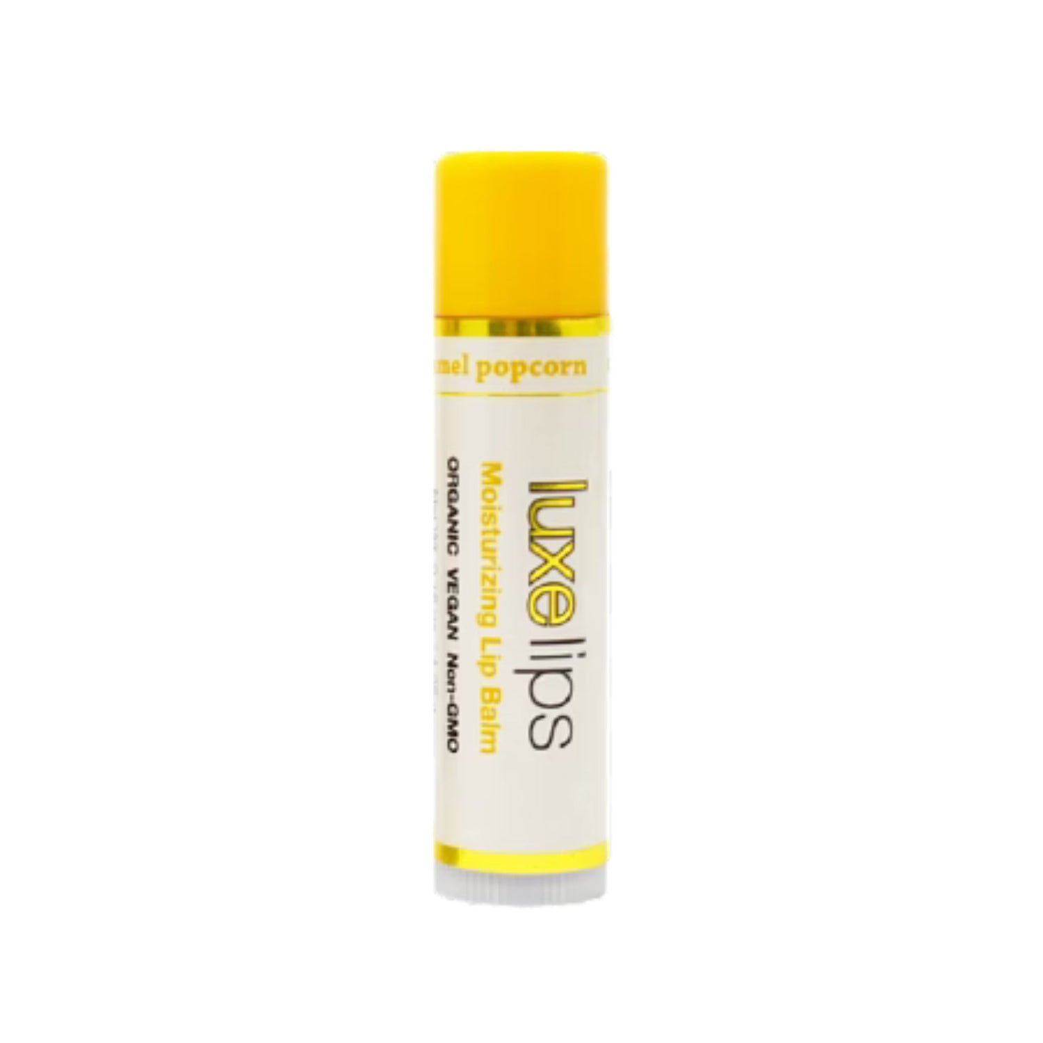 Luxe Lips Popcorn lip balm with yellow cap and label on a white background
