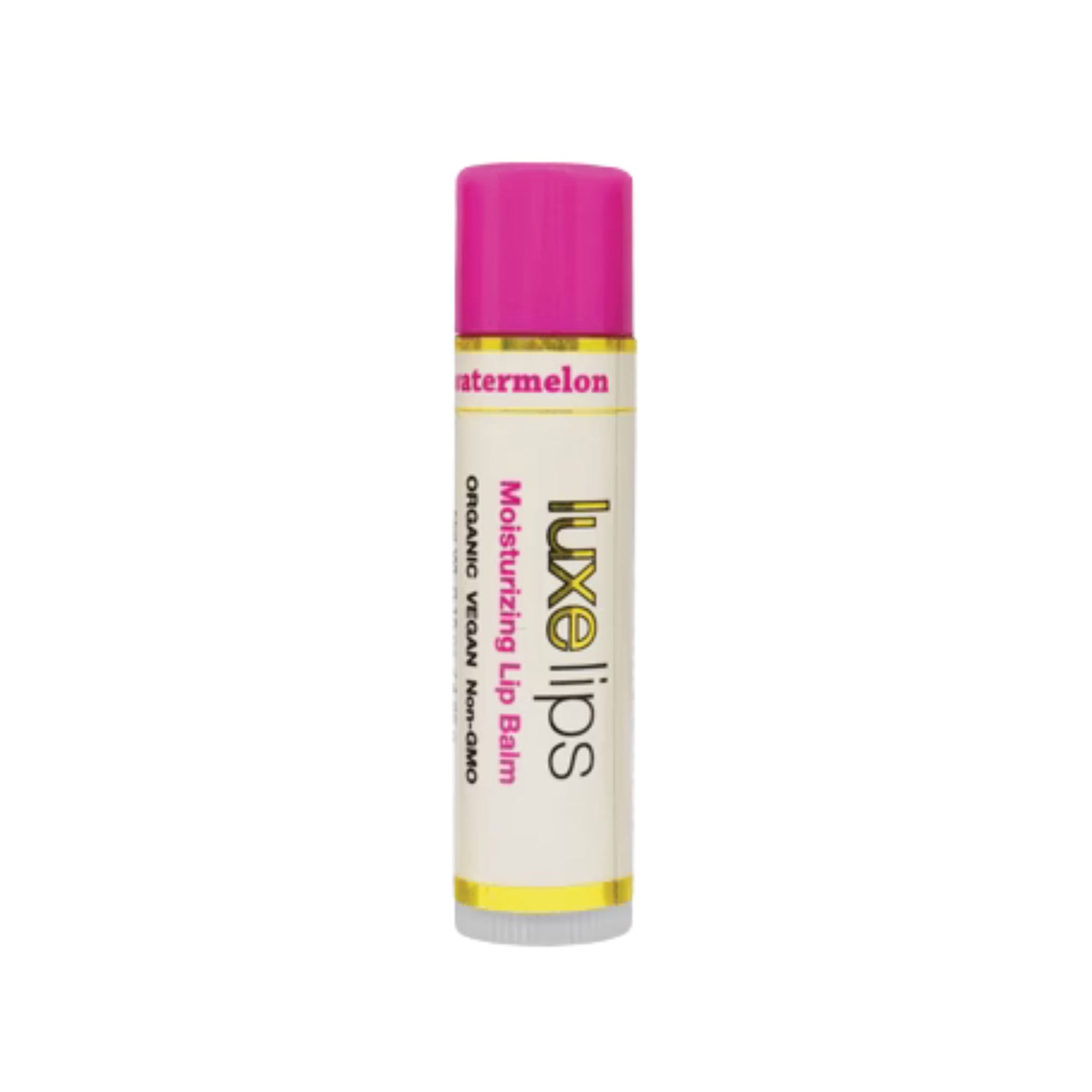 Luxe Lips Watermelon lip balm with pink cap on a white background