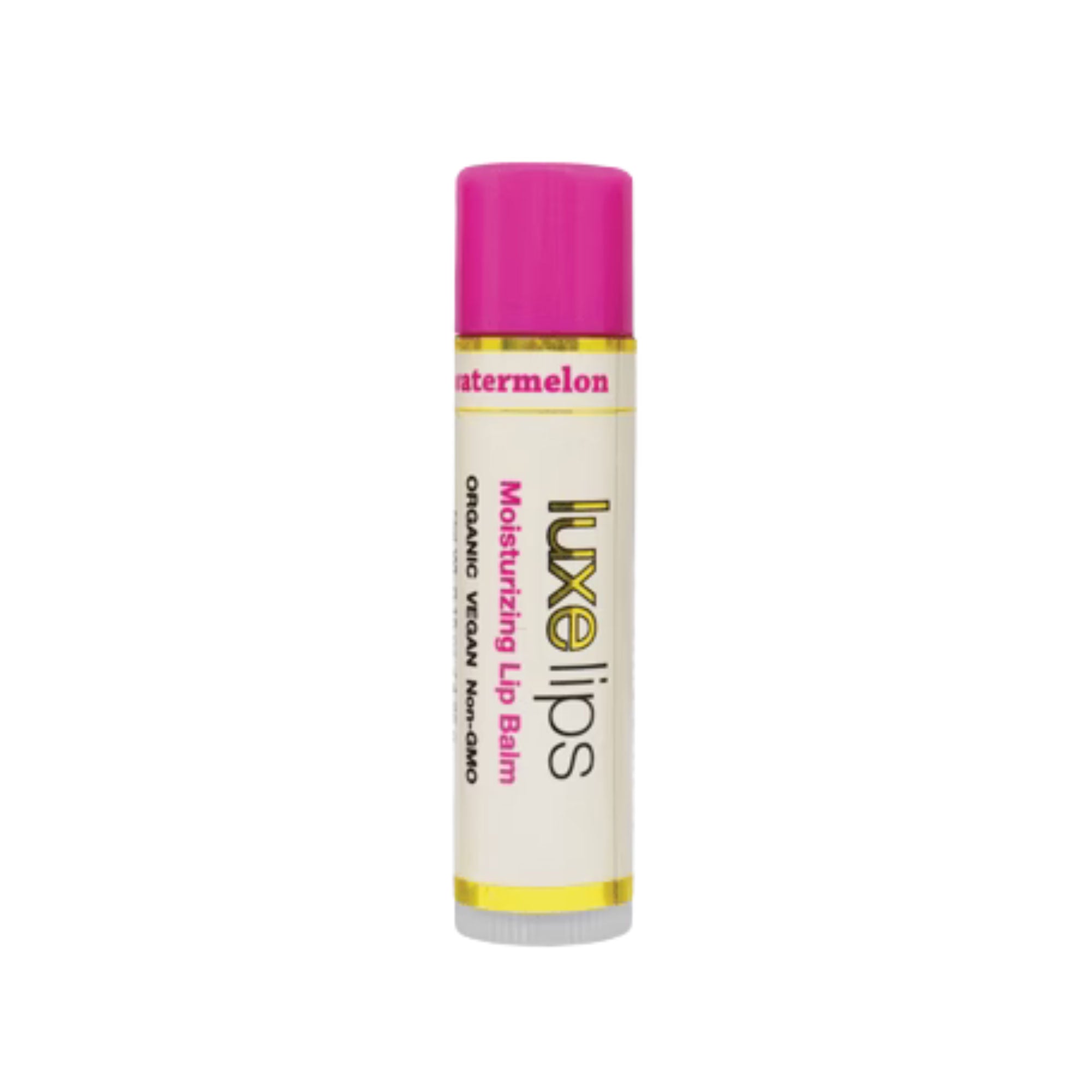 Luxe Lips Watermelon lip balm with pink cap on a white background