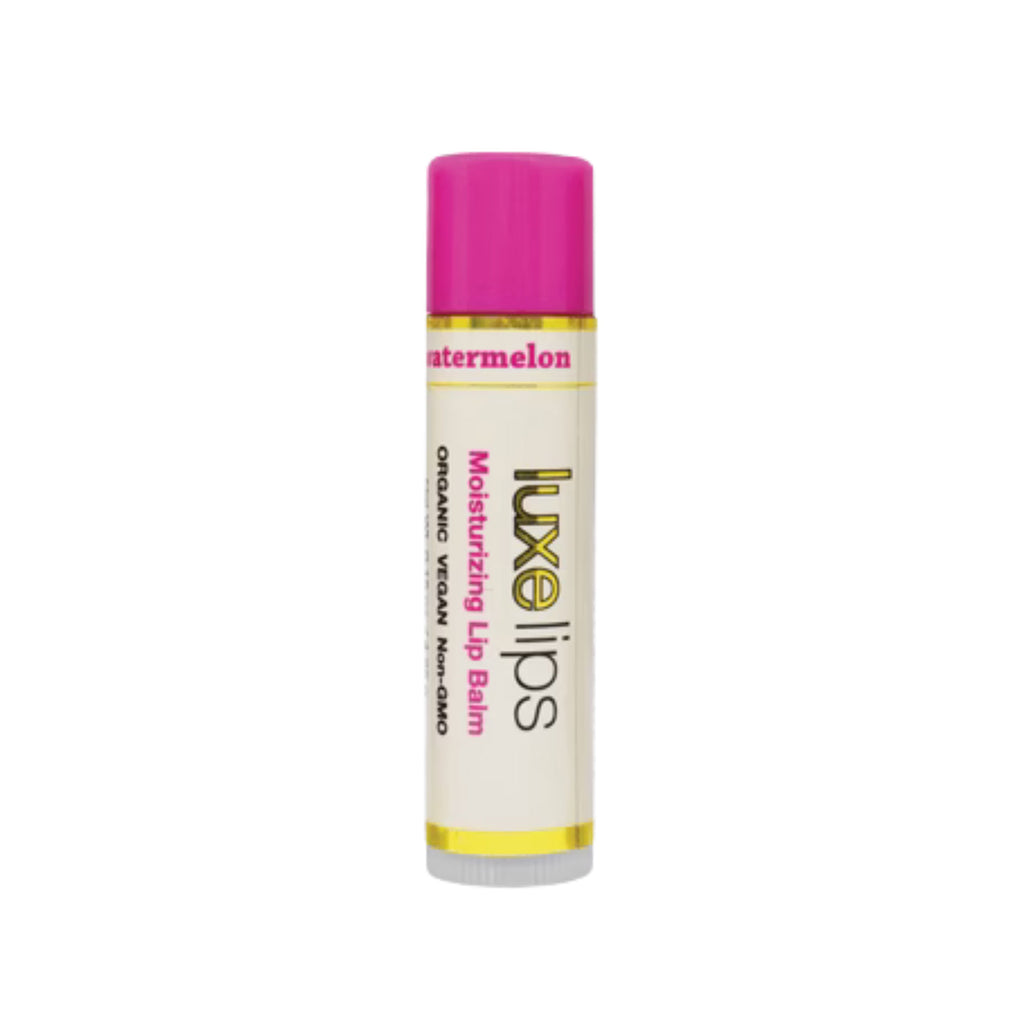 Luxe Lips Watermelon lip balm with pink cap on a white background
