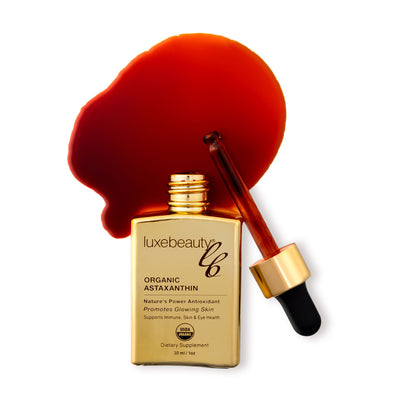 Luxe Beauty organic astaxanthin supplement bottle with dropper on a white background