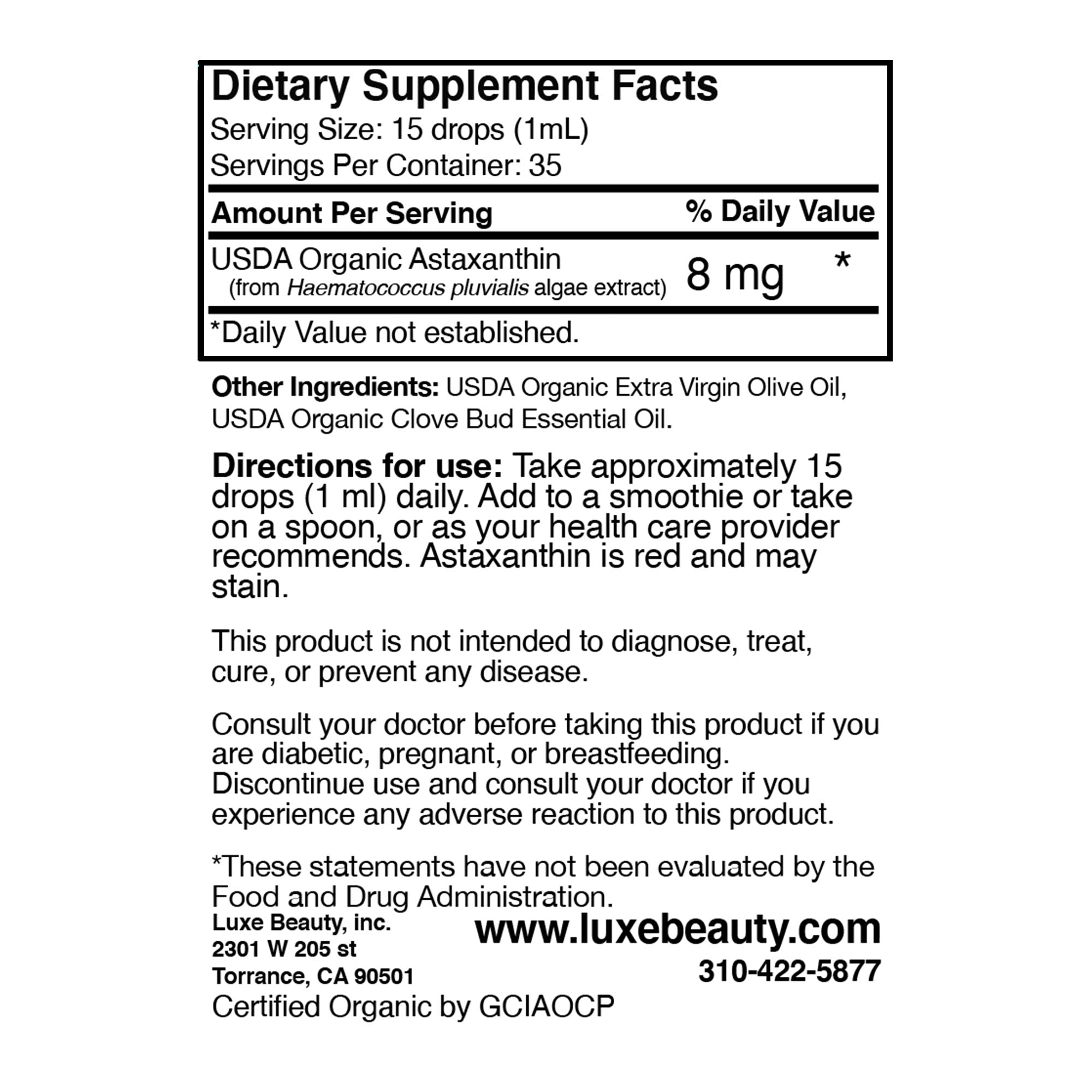 Luxe Beauty Organic Astaxanthin Supplement Dietary Facts