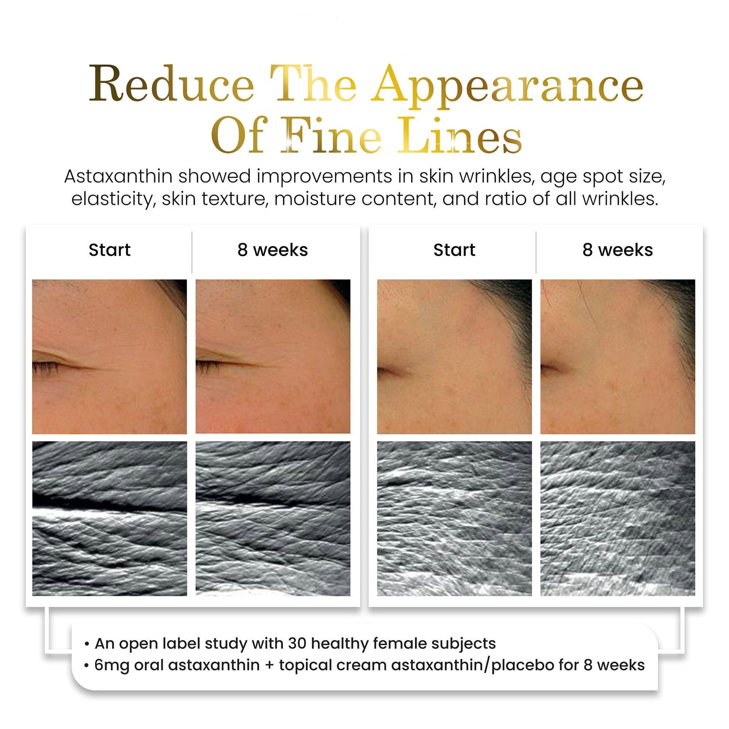 Advertisement for luxe beauty product showing before and after effects on skin with text about astaxanthin benefits.