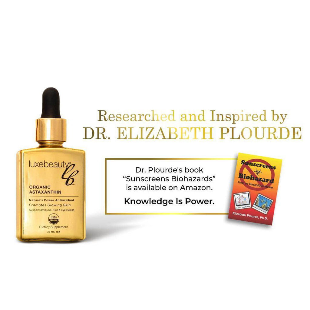 Gold bottle with dropper labeled 'luxe beauty' and a book titled 'Sunscreens Big Hazards' by Dr. Elizabeth Plourde on a white background.