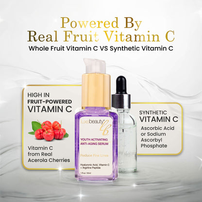 Luxe Beauty Anti-aging Serum with Vitamin C comparing whole fruit vitamin C to synthetic vitamin C on a white background.