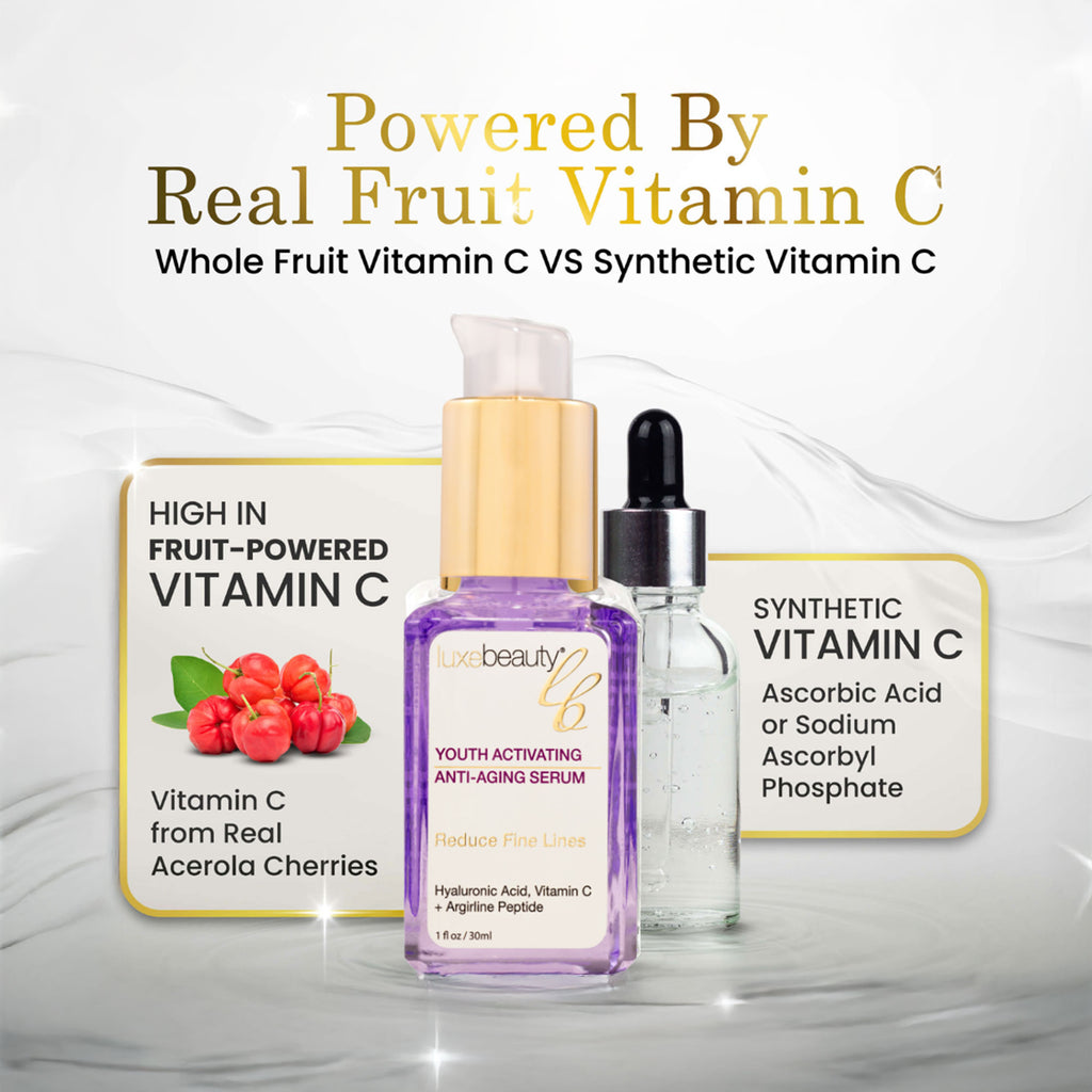 Luxe Beauty Anti-aging Serum with Vitamin C comparing whole fruit vitamin C to synthetic vitamin C on a white background.