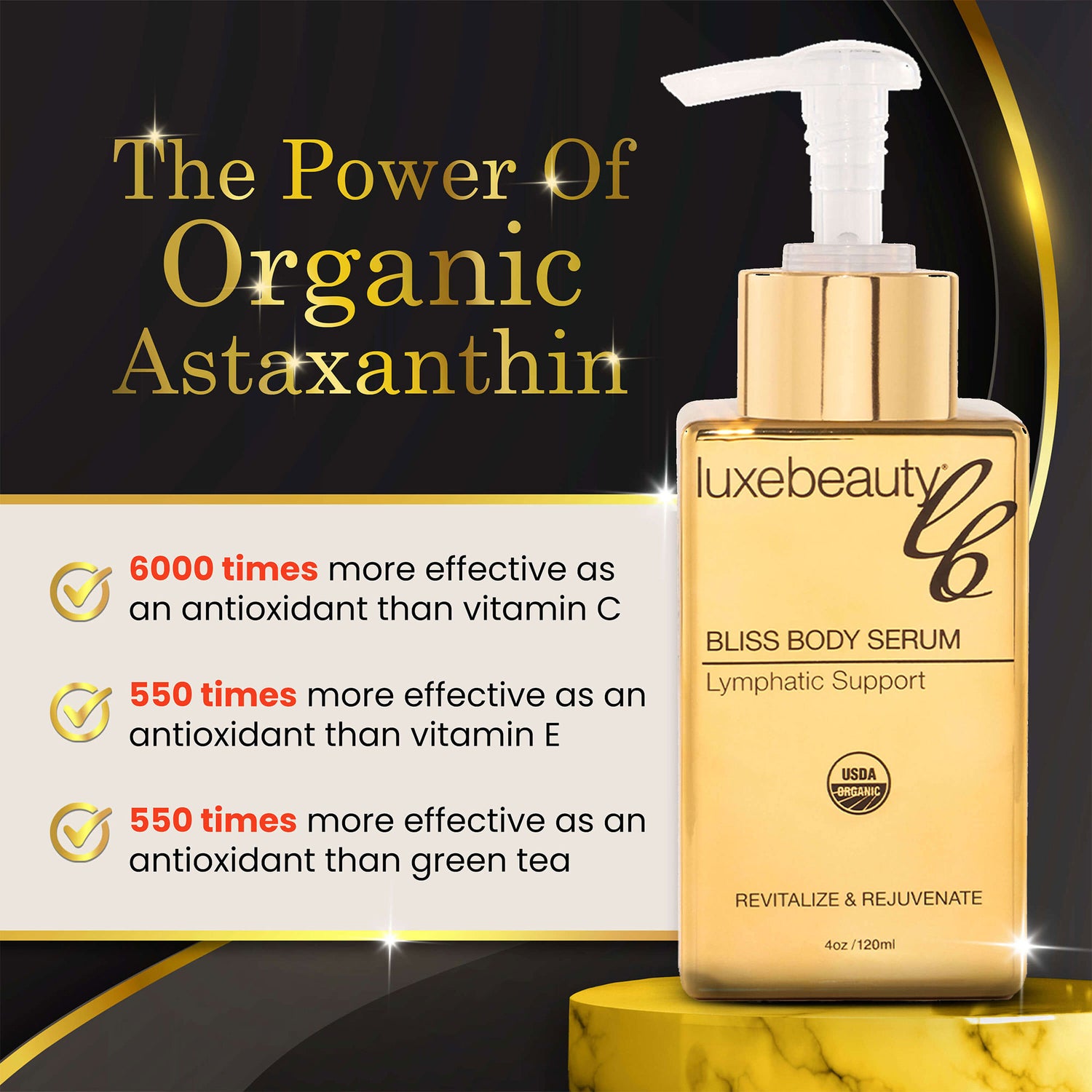 Luxe Beauty Bliss Body Serum with organic astaxanthin on a dark background