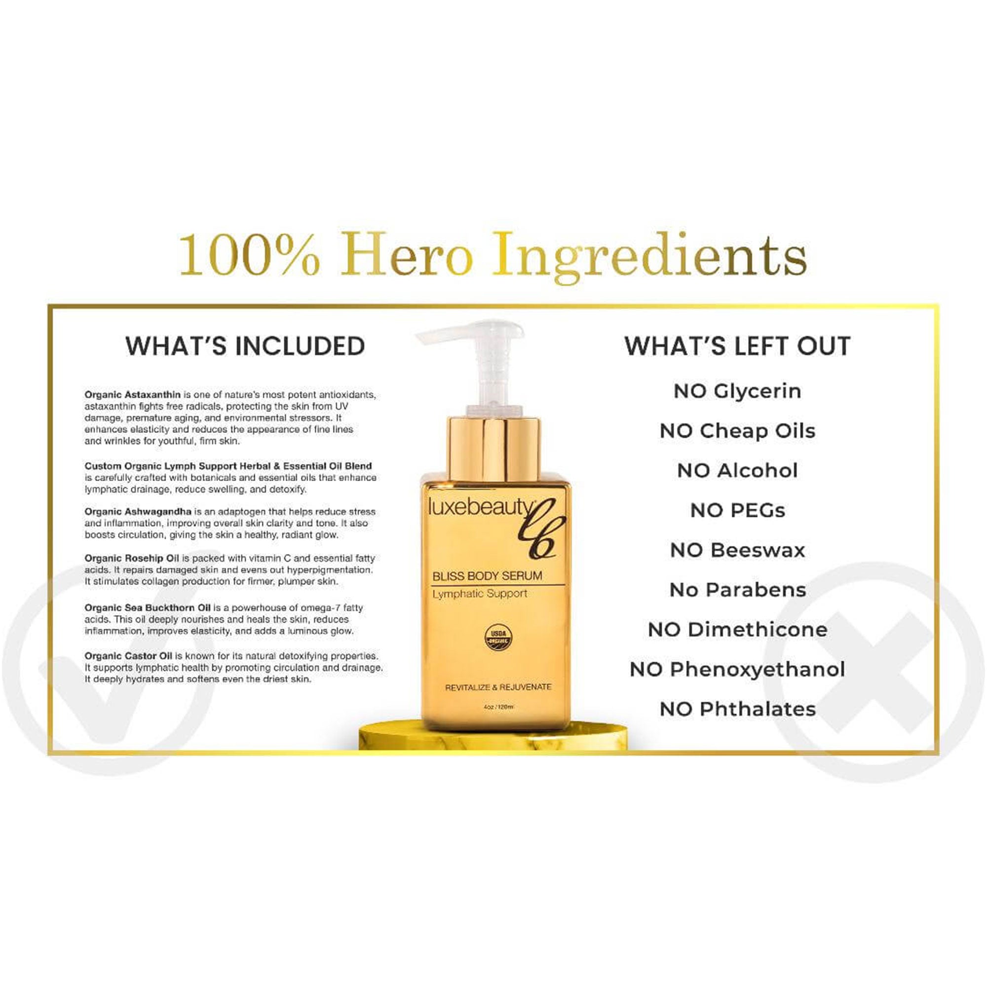 Luxe Beauty serum bottle with list of ingredients on a white background