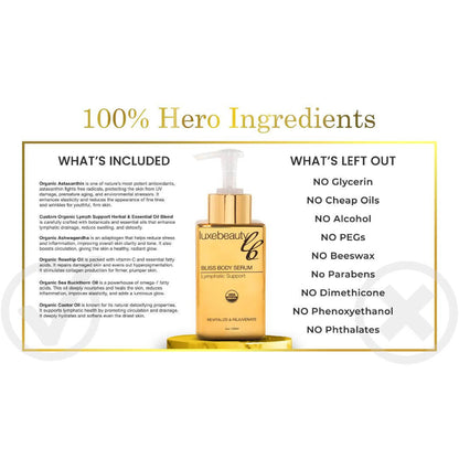 Luxe Beauty serum bottle with list of ingredients on a white background